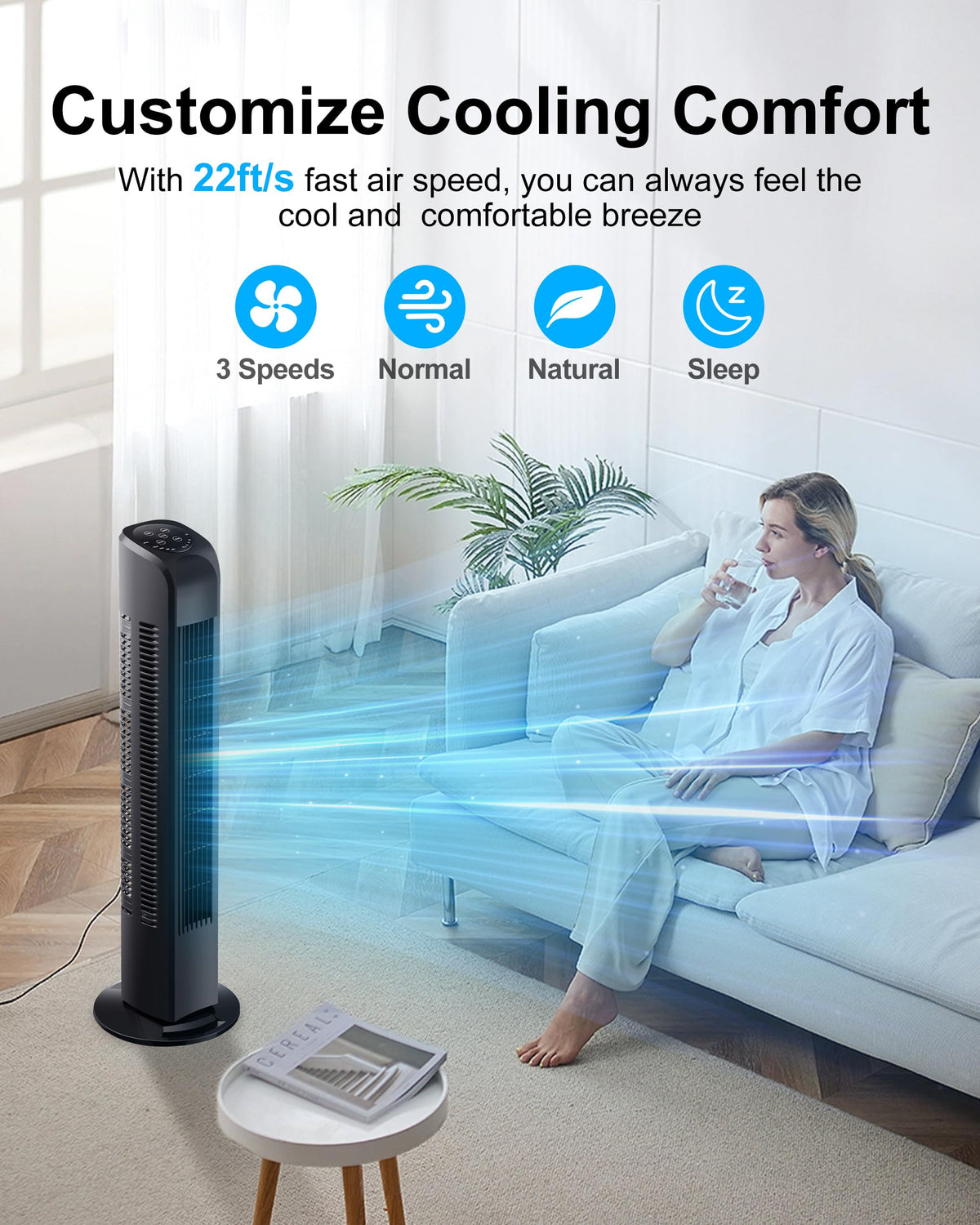 Uthfy Oscillating Tower Fan with Remote, Electric Standing Floor Fan for Bedroom Indoor Office and Home Use,Quiet Cooling Portable Bladeless Tower Fans, 30 inchs, Black