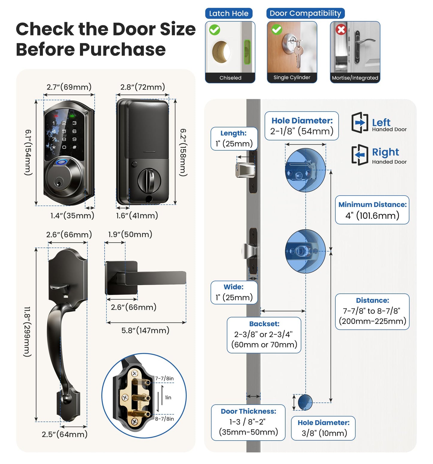 Veise VE07-H Fingerprint Smart Locks for Front Door with Handle Set, App Control, Keyless Entry Keypad Deadbolt, Digital Electronic Touchscreen, Easy Install, Auto Lock, Matte Black