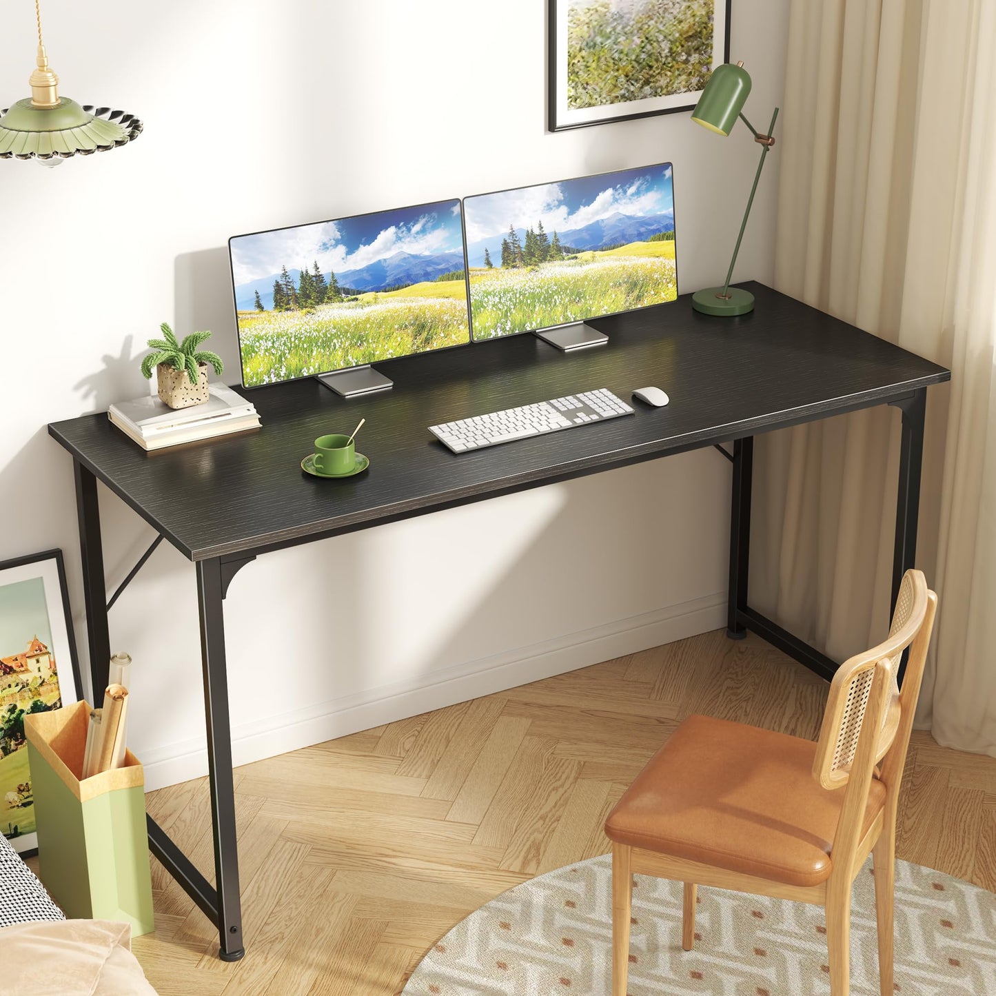 Huuger Computer Desk, 55 Inch Home Office Desk, Gaming Writing Work from Home Study Desk, Large Legroom, Sturdy Metal Frame, Modern Simple, Black