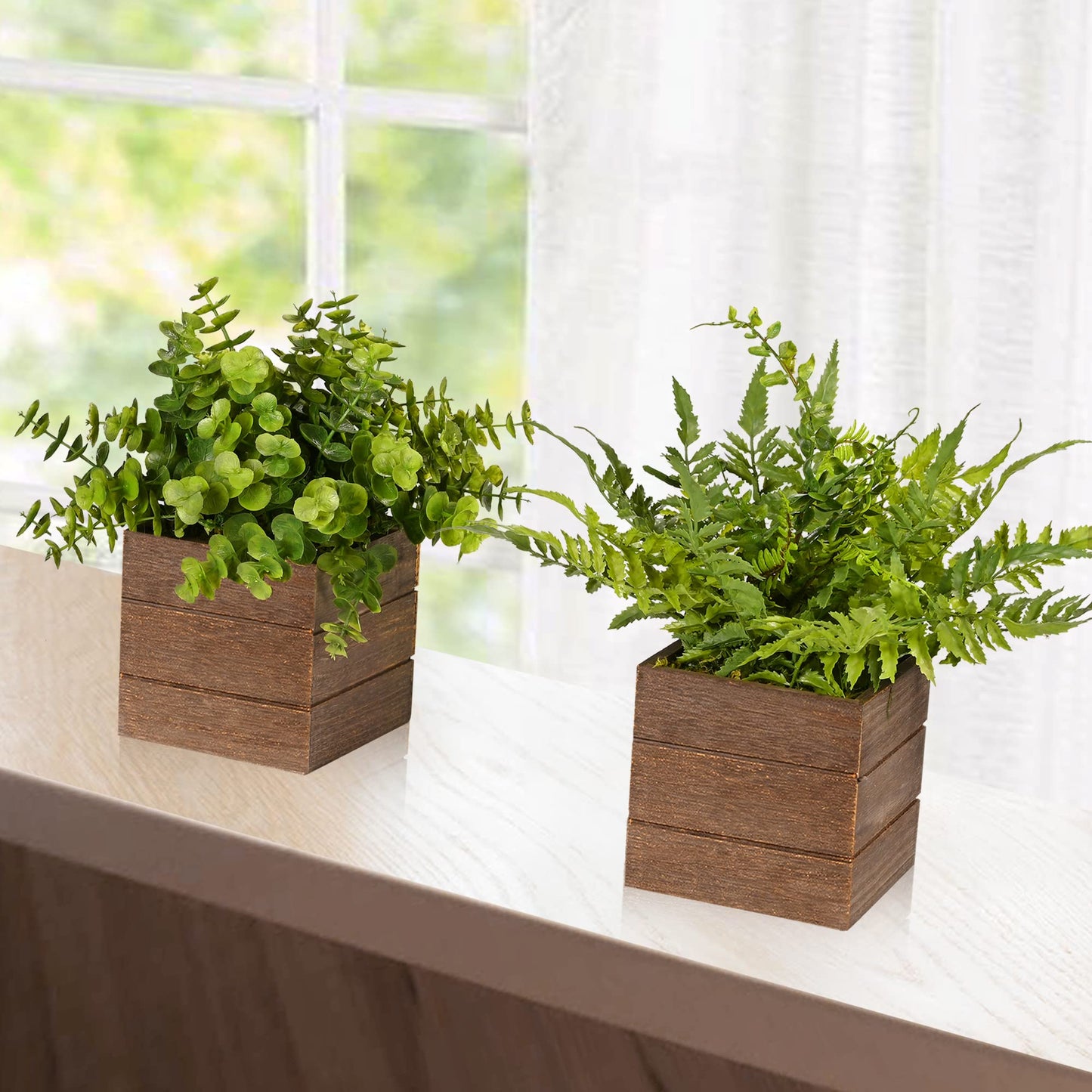 Vlorart Small Fake Plants, 2Pack Mini Potted Artificial Plastic Boxwood Fern Green Decorative Plant in Wooden Potted, Fake Desk Plant for Farmhouse Home Decor Office Bathroom Desk Room Indoor Outdoor