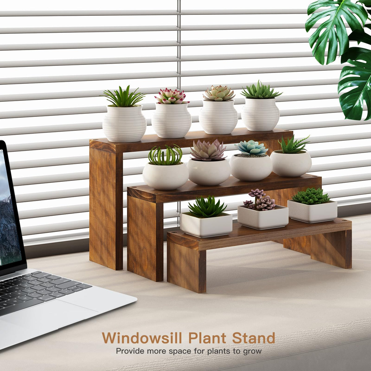 Tovacu Plant Stand Shelf for Desk Window Sill Countertop Succulent Stand Desktop Shelf 3 Tiers Small Wooden Tabletop Ladder Plant Shelves for Cupcake Stand Riser Spice Rack Holder