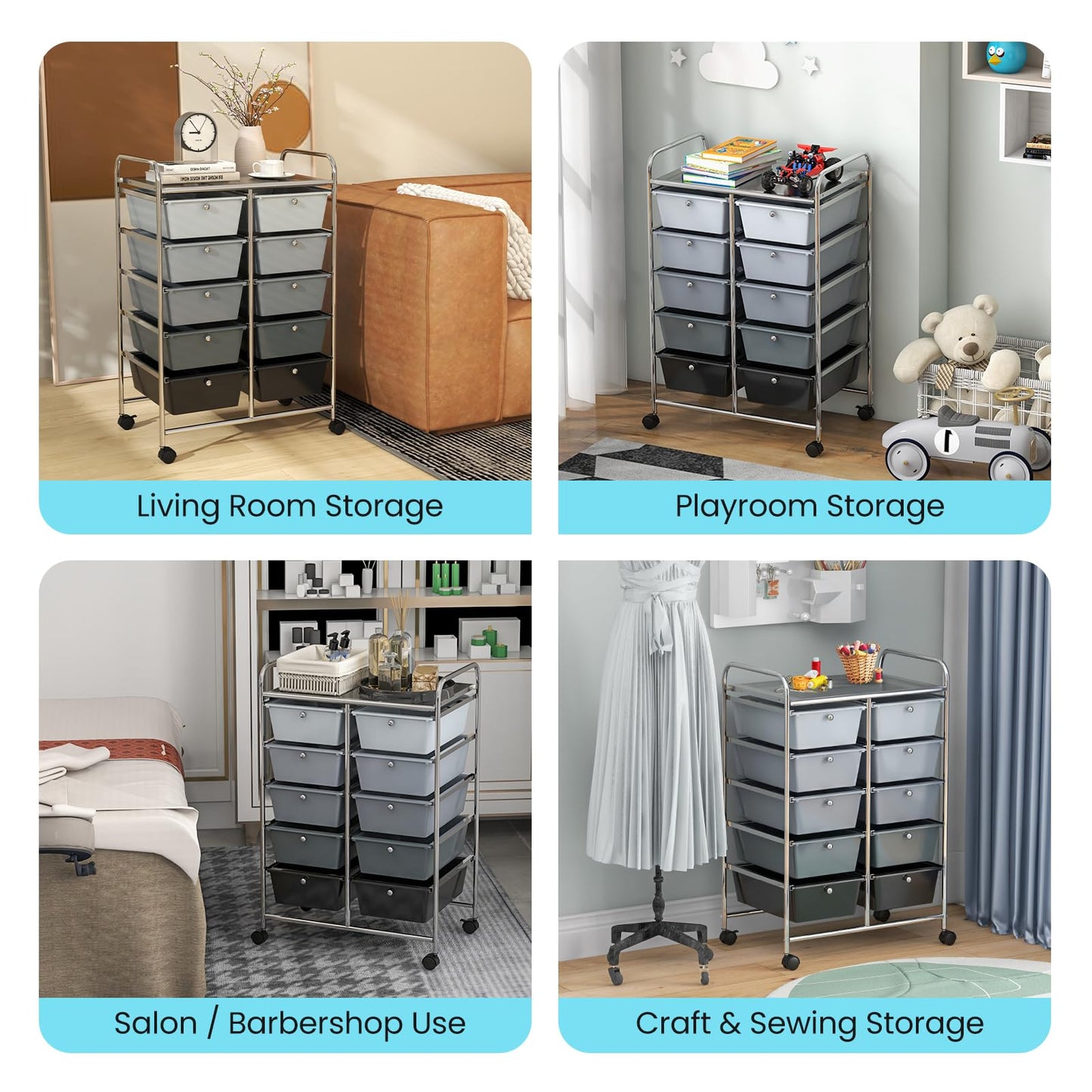 CLEEMAN 10-Drawer Rolling Cart with Drawers, Storage Cart with Universal Wheel & Metal Frame, Multipurpose Mobile Trolley Utility Cart for Makeup Kitchen Office Play Room (Gradient Black)
