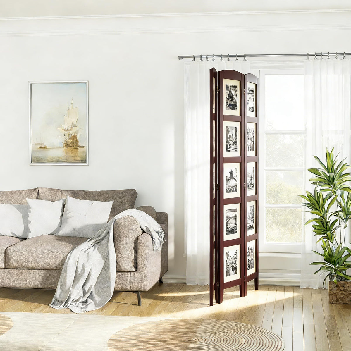 SZQINJI 3 Panel Photo Room Divider Screen, Solid Wood Divider for Room Separation for 8x10 Picture Frame Without Mat for 5x7 Photo with Mat, Walnut
