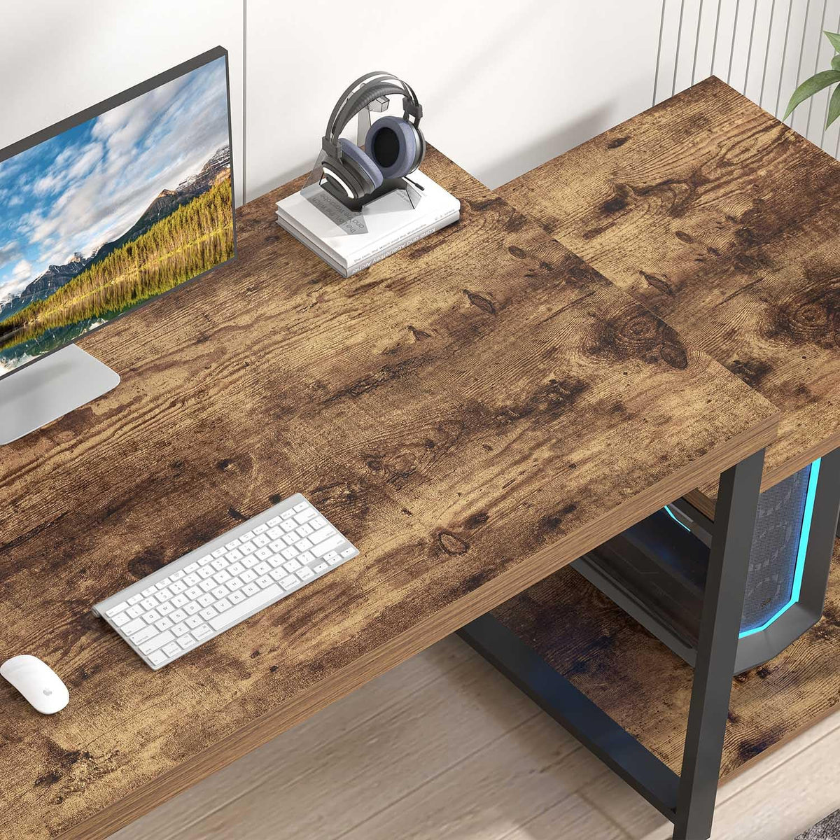 FOLUBAN Large Computer Desk for Home Office with Printer Space, Wood Study Gaming Workstation Table with Storage Shelves, Long Writing Desk for Bedroom Living Room, Rustic Brown, 63 Inch