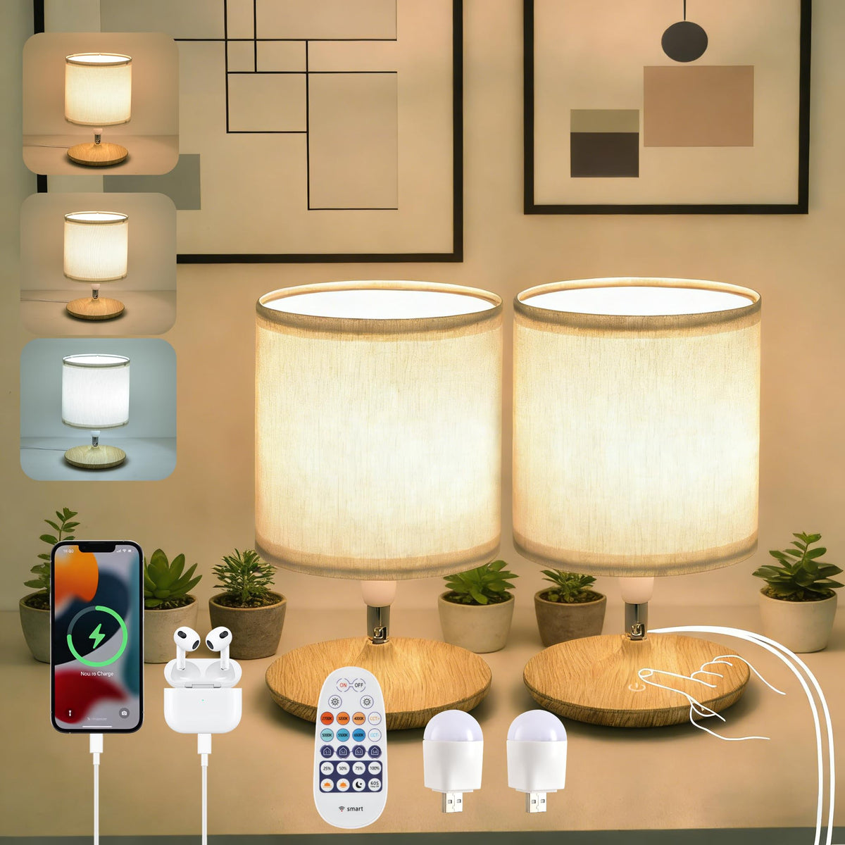 DKCWN Table Lamps Set of 2, Bedside Lamps with USB C Ports for Nightstand, Dimmable Touch Table Lamps for Bedroom Living Room, 3 Color Temperatures with Remote & App Control, 2 LED Bulbs Included