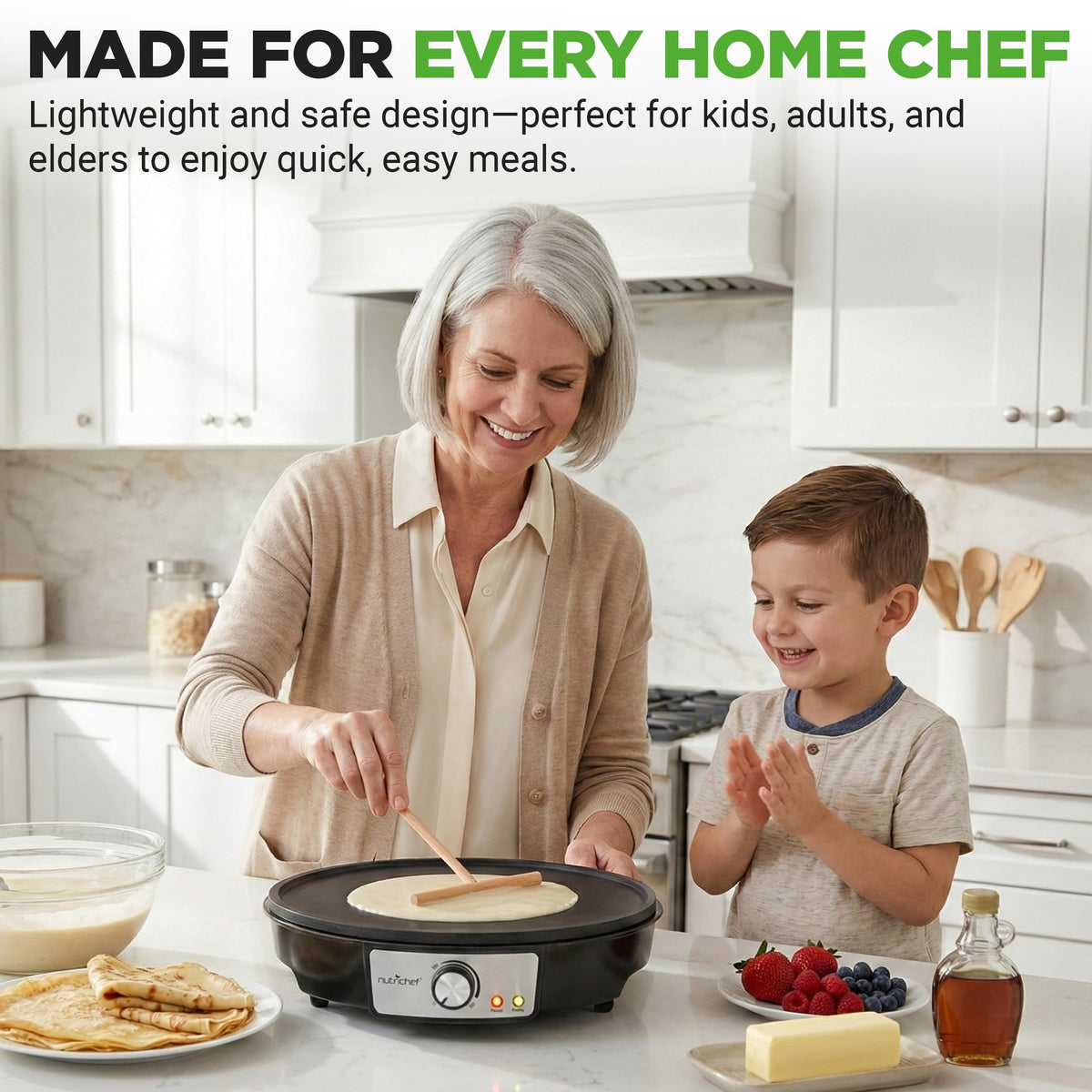 Nutrichef Electric Crepe Maker & Griddle Cooktop - Nonstick 12 Inch Aluminum Hot Plate with LED Indicator Lights & Adjustable Temperature Control - Wooden Spatula & Batter Spreader Included