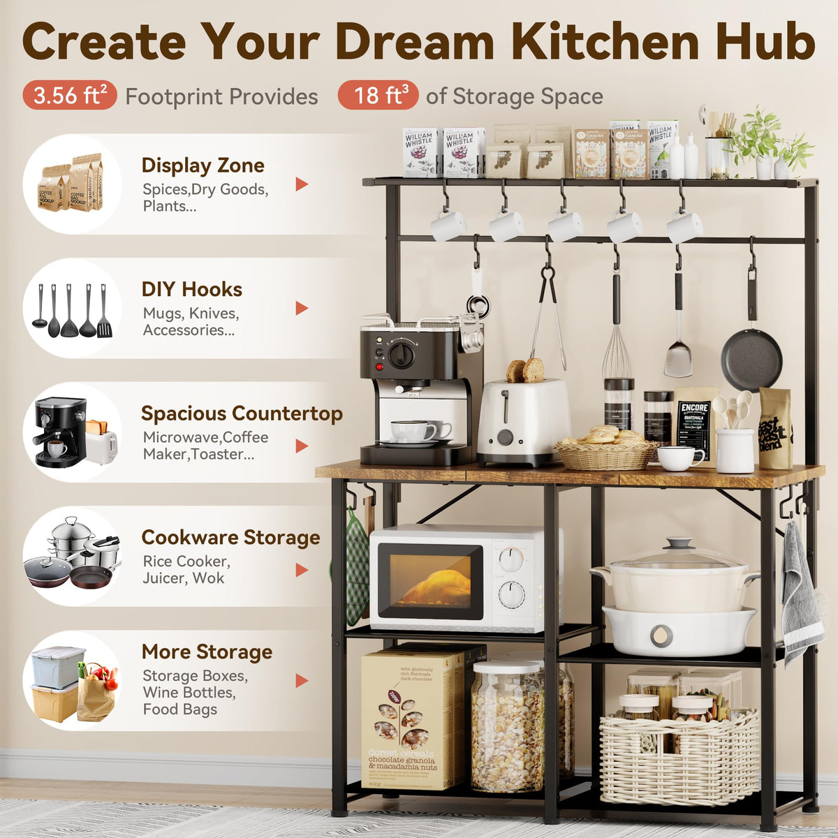 YASONIC Coffee Bar, Bakers Rack with Storage, 34.3 Inches Microwave Stand, 4 Tier Kitchen Shelves Appliance Storage, 14 S Hooks Large Coffee Station for Spices, Pots and Pans, Rustic Brown