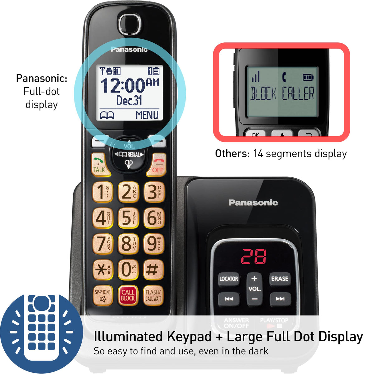 Panasonic Cordless Phone with Answering Machine, Advanced Call Block, Bilingual Caller ID and High-Contrast Display, Expandable System with 2 Handset Cordless Telephones - KX-TGD832M (Metallic Black)