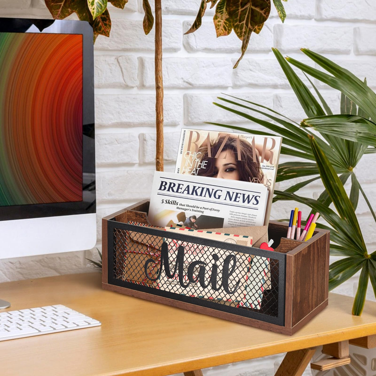 BOTOP Mail Organizer,Mail Holder with 2 Slots, Wood Mail Basket Mail Sorter for Wall Table Countertop, Bill Envelope Letter Holder for Home Office