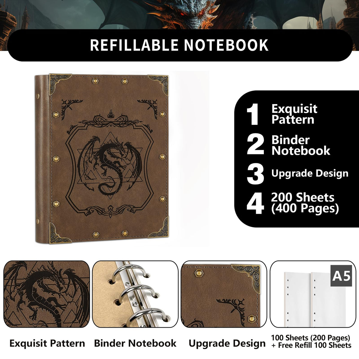 DUROTAN DND Notebook Journal Refillable Binder A5 400 Pages for Dungeons and Dragons Accessories D&D Gifts,Writing Notebook Gift for Men&Women