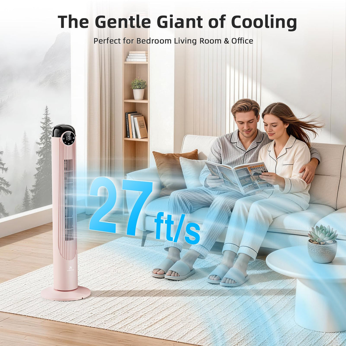 Antarctic Star T42 Tower Fan-42 Inch, Bladeless Oscillating Fan with Remote, 6 Speeds & 4 Modes, LED Display, 9H Timer, Quiet Floor Standing Fan for Bedroom Living Room Office, Pink