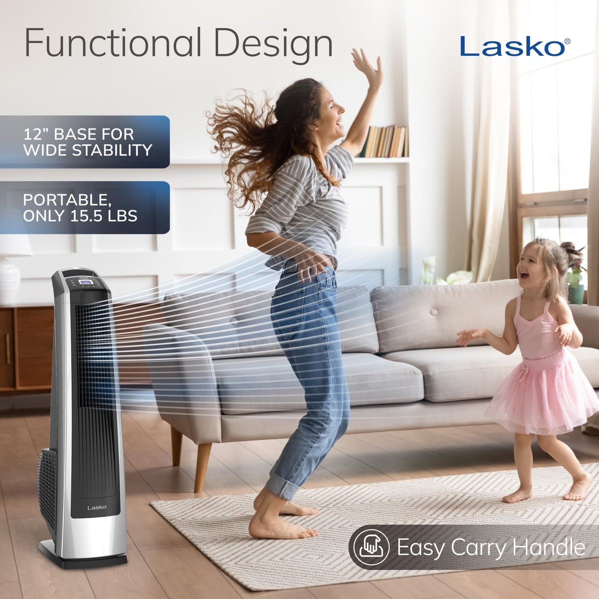 Lasko High Velocity Oscillating Tower Fan for Bedroom, Garage, Basement, and Gym with Remote Control, Timer, 3 Powerful Speeds, 35" Silver/Black, U35115
