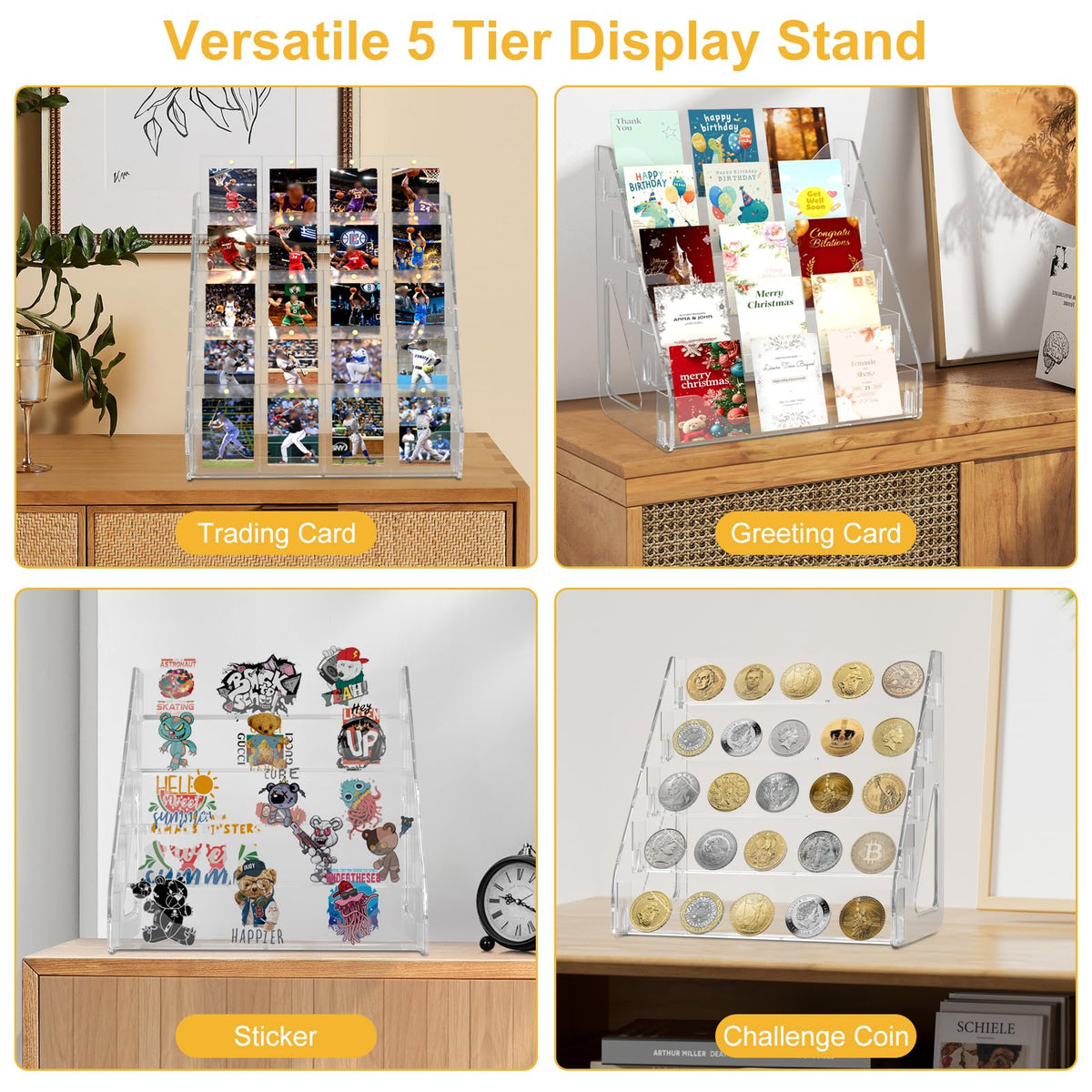 2 Pack Trading Card Display Stand, Greeting Card Display Stand, Cards Stands for Sports Baseball Graded Psa Slab Cards Displays Stands, Bookmark Postcard Sticker Holder Displays Standed Shelf, 5 Tier