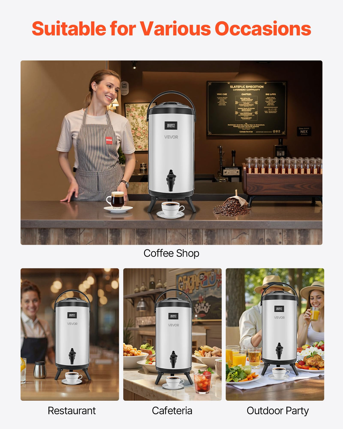 VEVOR Insulated Beverage Dispenser, 2.4 Gal/9.2L Stainless Steel Thermal Drink Server with Spigot & Temp Display, Suitable for Hot and Cold Drinks, for Tea Coffee Water in Cafes & Restaurants, Silver