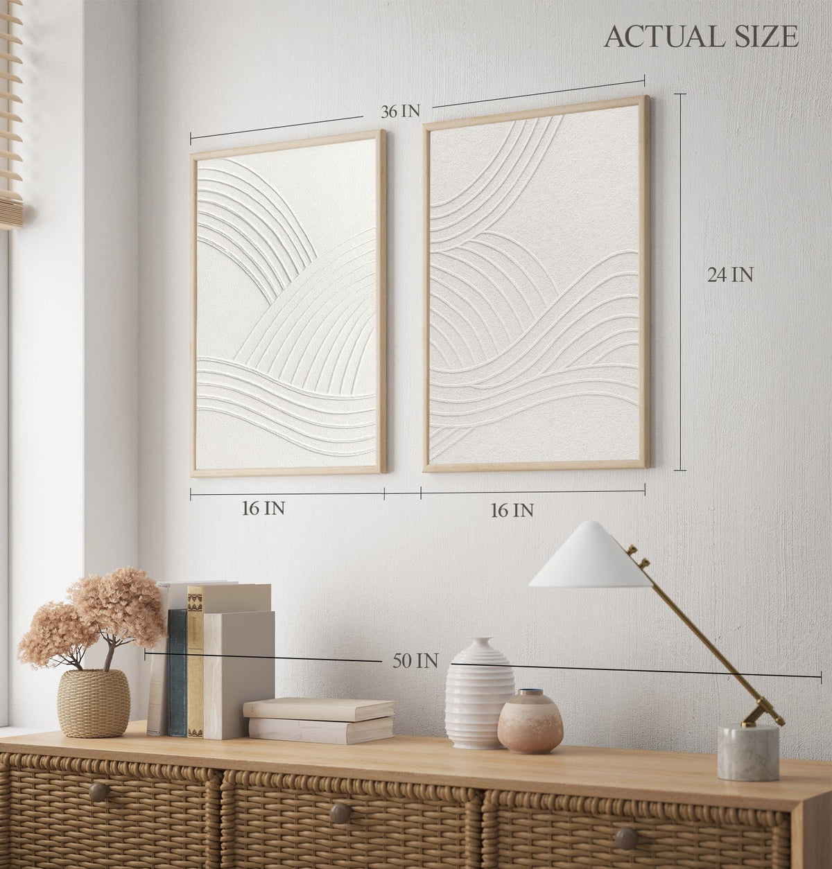 InSimSea Framed 3D Textured Wall Art, Handmade, Minimalist Abstract Wall Decor for Living Room, 2 Piece Modern White Neutral Artwork, 16x24 in, Large Wave Paintings for Hallway Office(elegance)