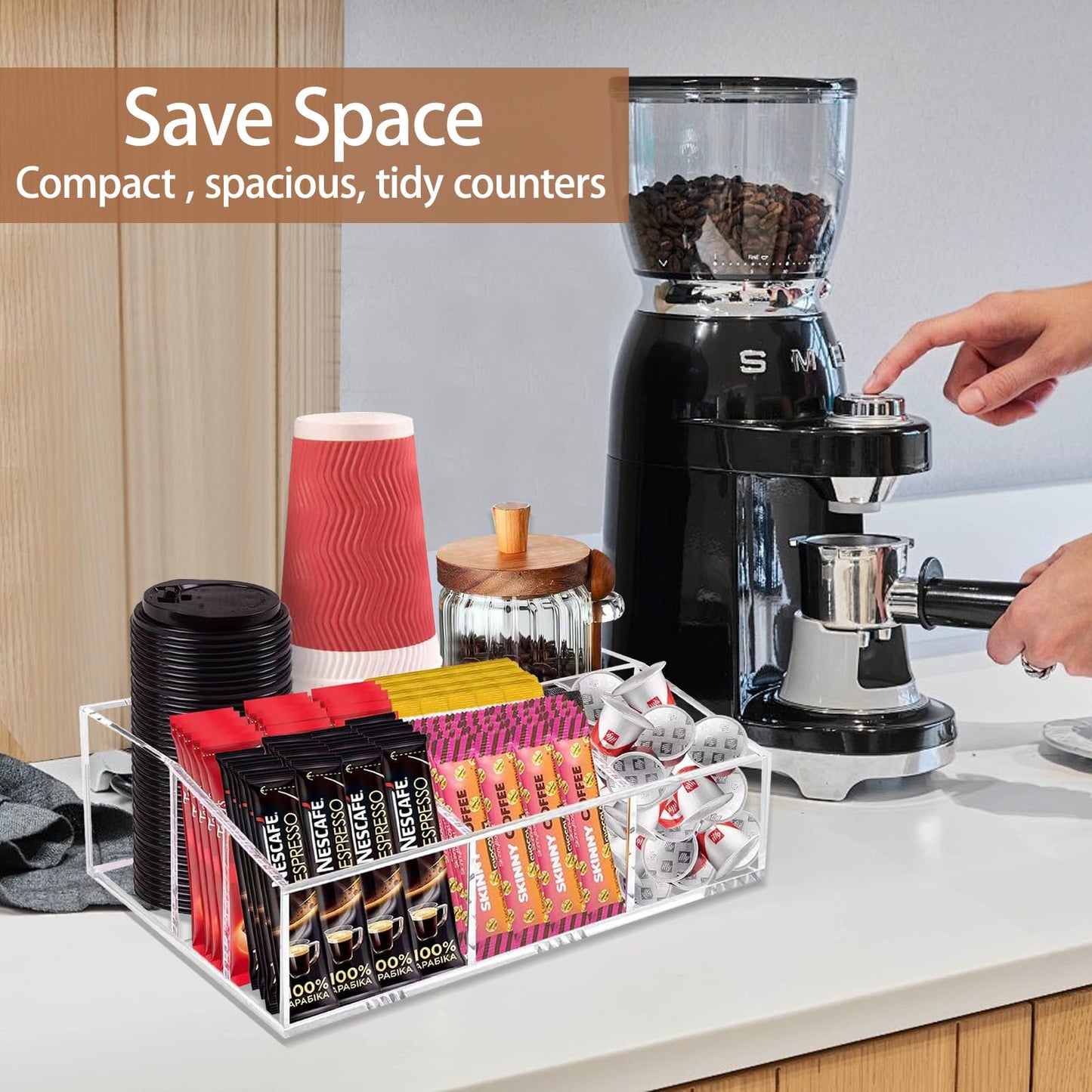 Goindy Coffee Station Organizer for Countertop - Clear Acrylic Coffee Bar Accessories and Organizer with Removable Dividers for Pods Condiment Syrup Tea Cups Stirrers Tea Bag - Farmhouse Table Decor