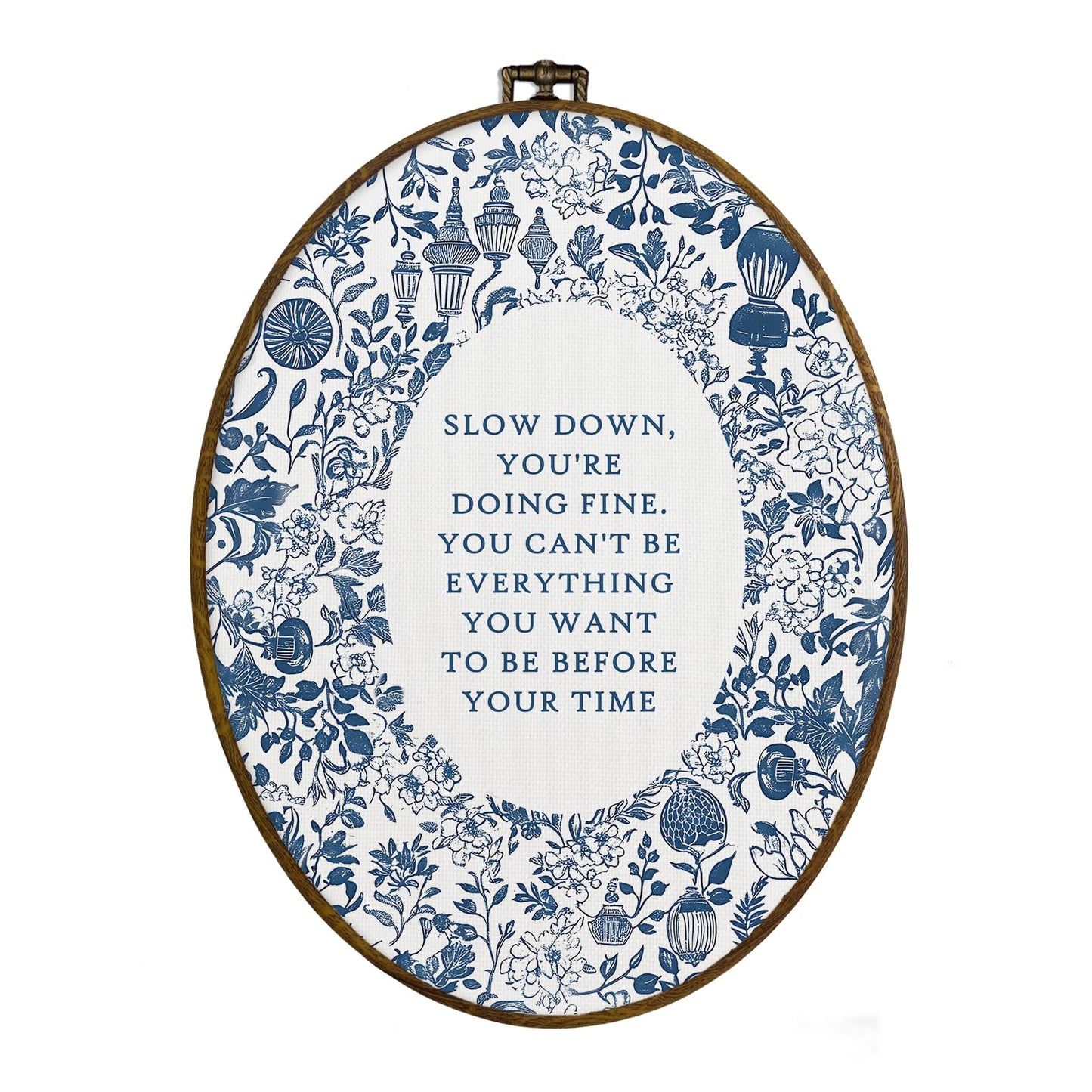 dvhdajed Slow down You're Doing Fine Oval Wall Art Decor,Blue and White Floral Botanical Framed Canvas Art, Boho Aesthetic Inspirational Wall Hanging Decor for Gallery Bedroom Office,8.7x11.3