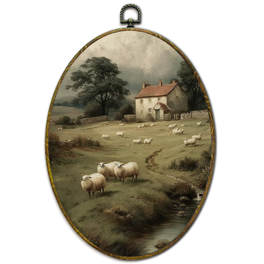 XFCICRLJ Vintage Easter Rustic Sheep Wall Art Decor, French Country Landscape Oval Canvas Prints Framed, Countryside Nature Sheep Wall Art Decorations for Home Bedroom Living Room Decor, 11x8.5 Inch