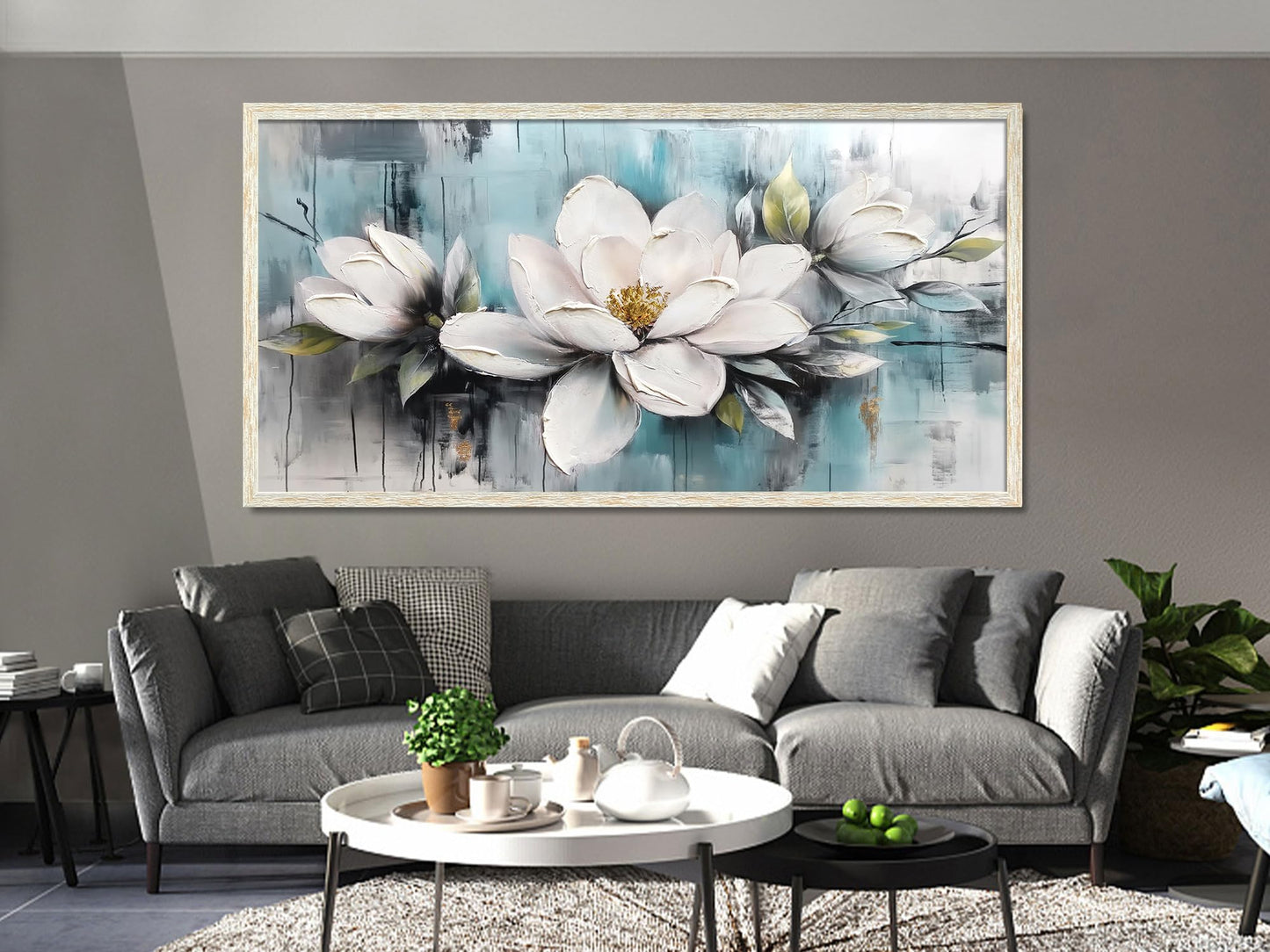 Ardemy Magnolia Wall Art Framed Canvas Wall Decor Living Room, White Floral Picture Wall Decor Teal Painting Flower Textured Extra Large Artwork for Bedroom Dining Room Home Office 58"x29"
