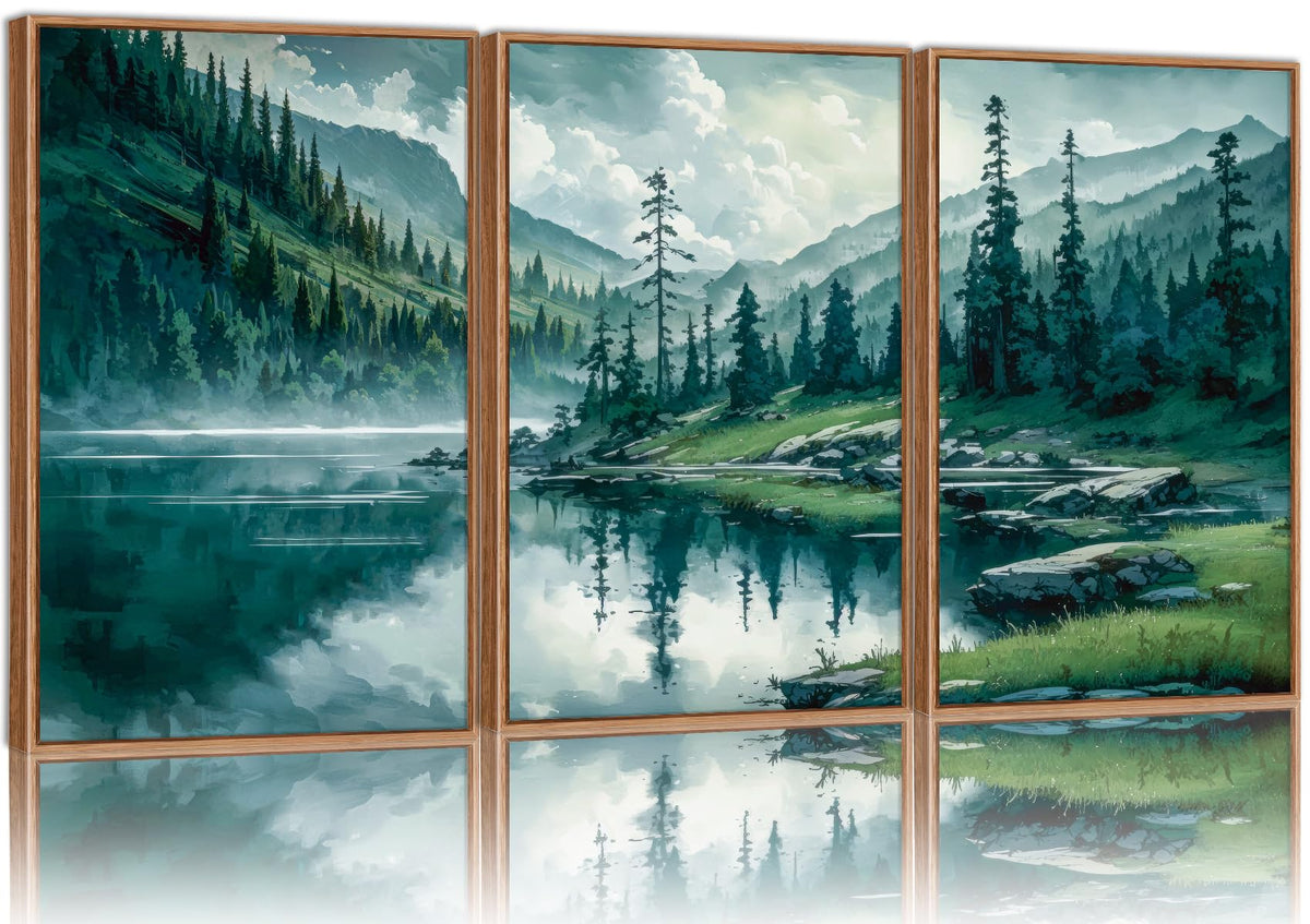 Tinonedraw Large Nature Forest Framed Canvas Wall Art Set, Boho Mountains Calming Lake Wall Decor, Green Pine Trees Artwork, Northern Wilderness Art Painting for Living Room Bedroom Office 16"x24"x3