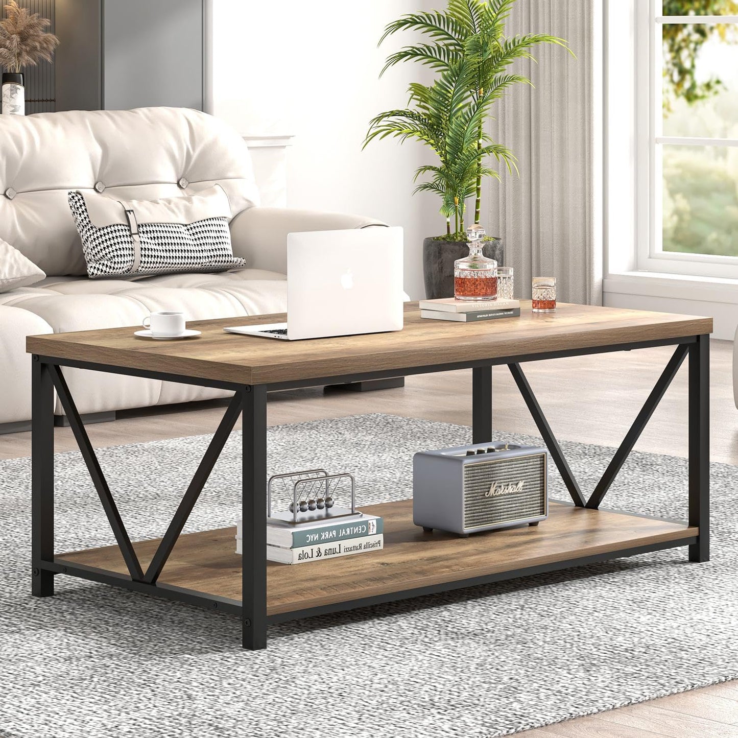 FOLUBAN Coffee Table with Storage Shelf, Modern Industrial Metal and Wood Living Room Table, Small Rectangle Cocktail Tea Table for Bedroom Home Office, Rustic Oak, 39.3 Inch