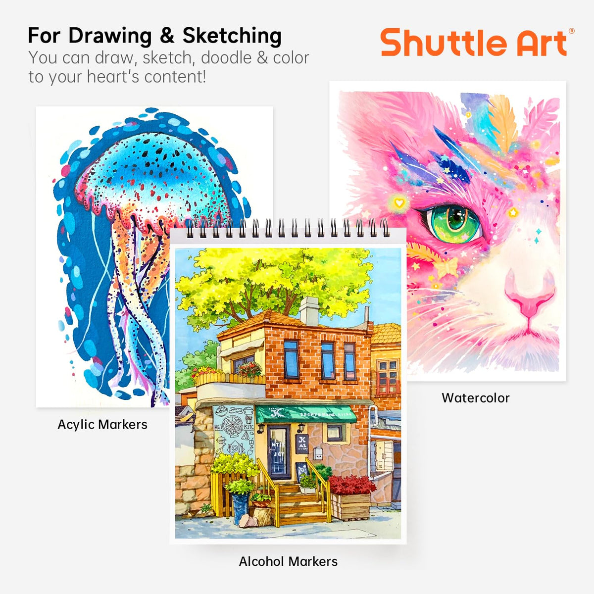 Shuttle Art Marker Pad, 12”x9” Portable Sketchbook, 70 Sheets Marker Drawing Paper, 110LB/180GSM Smooth Surface Bleedproof Art Paper, Spiral-Bound, Great for Artists to Draw, Paint & Sketch