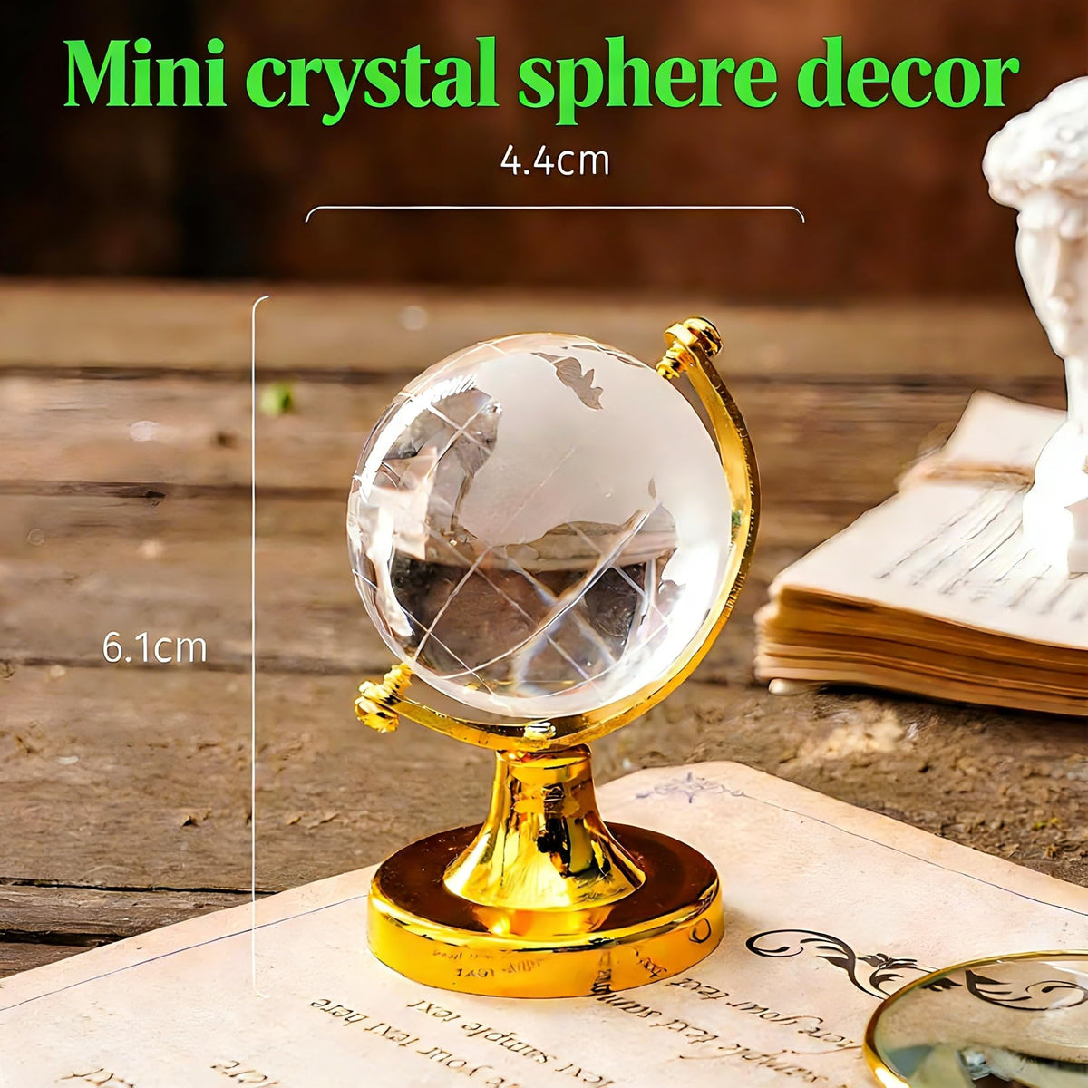YOFAN Mini Crystal Sphere Globe, Round Earth World Glass Ball Decorative Crystal Desktop Ornament Home Office Decor Golden