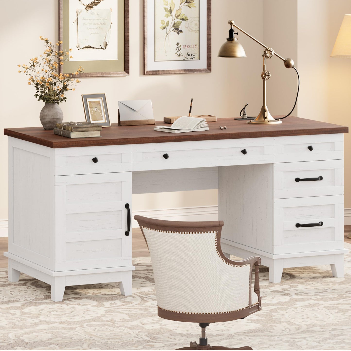 IDEALHOUSE Farmhouse Executive Desk 60 Inch, Wooden Home Office Desk with Adjustable Storage Cabinet, Built-in Charging Port, File Cabinet for Writing & Study, Elegant Workstation, Brownish White