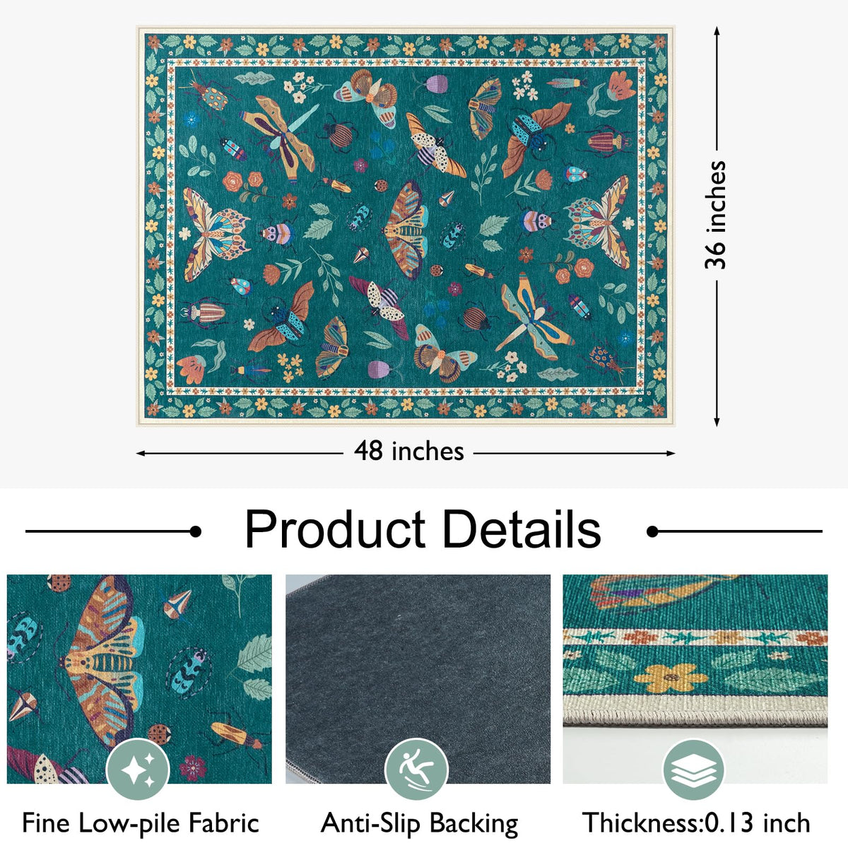 Anidaroel 36"x48" Office Chair Mat for Hardwood Floor, Anti-Slip Floor Mat for Office Chairs, Insect Print Office Rugs for Rolling Chairs, Low Pile Dark Green Desk Chair Mats for Hardwood