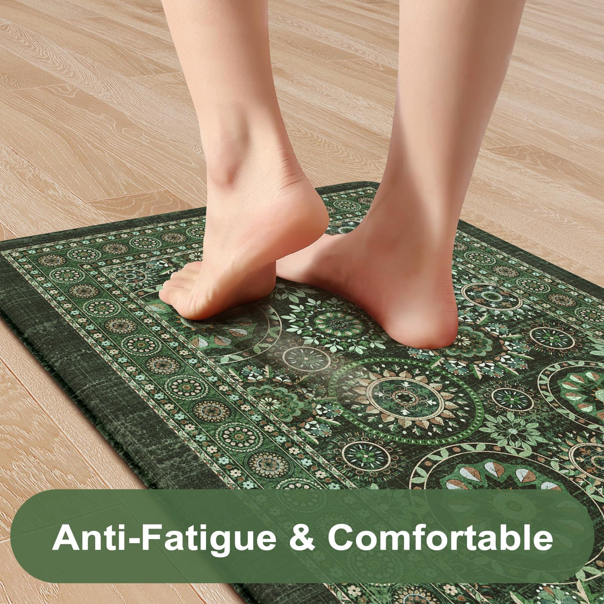 KIMODE Anti Fatigue Kitchen Mats for Floor 2 Piece Cushioned Boho Kitchen Rugs Memory Foam Kitchen Floor Mats Standing Desk Mats for Laundry Office Sink Green 17"x47"+17"x29"