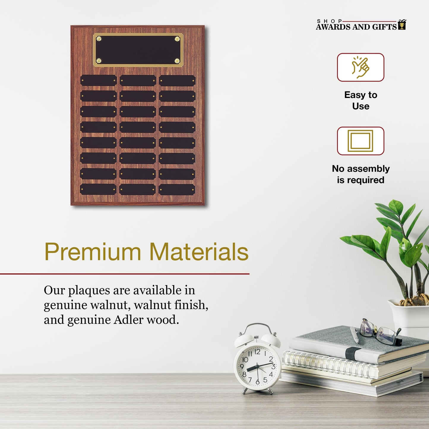 SHOP AWARDS AND GIFTS 12 x 16 Inch Perpetual Plaque Award Multiple Name Plate Board for Employee Appreciation, Recognition, Achievement, Walnut Finish with Black and Gold Header, 24 Name Plates