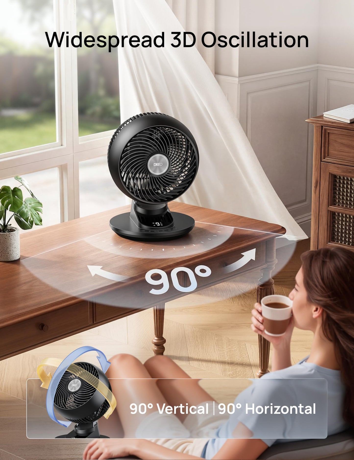 DREO Smart Fan for Bedroom, Powerful 85 ft Airflow, 12 Inches, Desk Fans in 20dB Quiet, 90°+90° oscillating fans, App/Voice Control, 9 Speeds & 8/12H Timer for Home Office Dorm