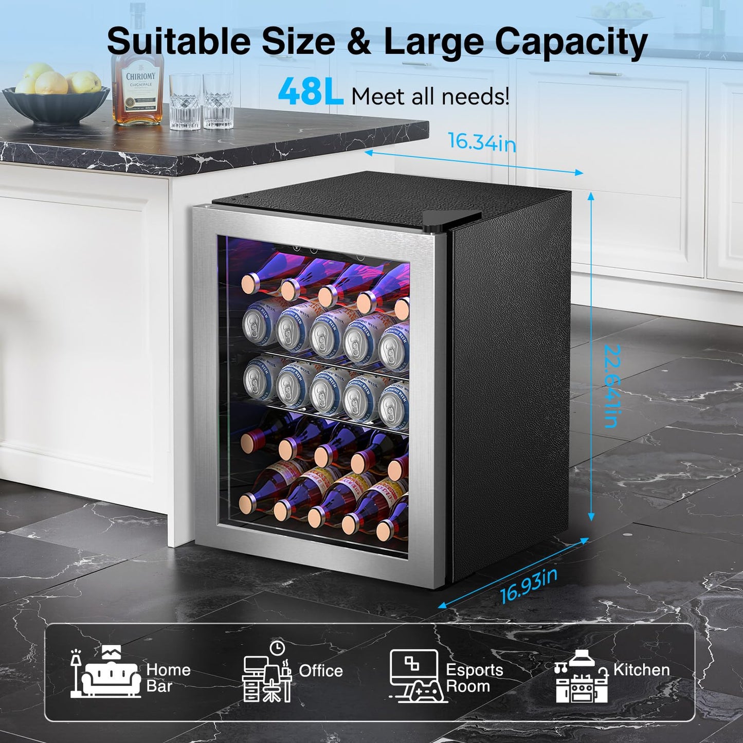 Kismile Mini Refrigerator Cooler 48L Beverage Fridge for 16 Bottle 68 Can,1.7 Cu.Ft Drink Fridge with Seamless Outer Frame,Electronic Temperature Control for Home/Bar/Office 40-61℉,Silver
