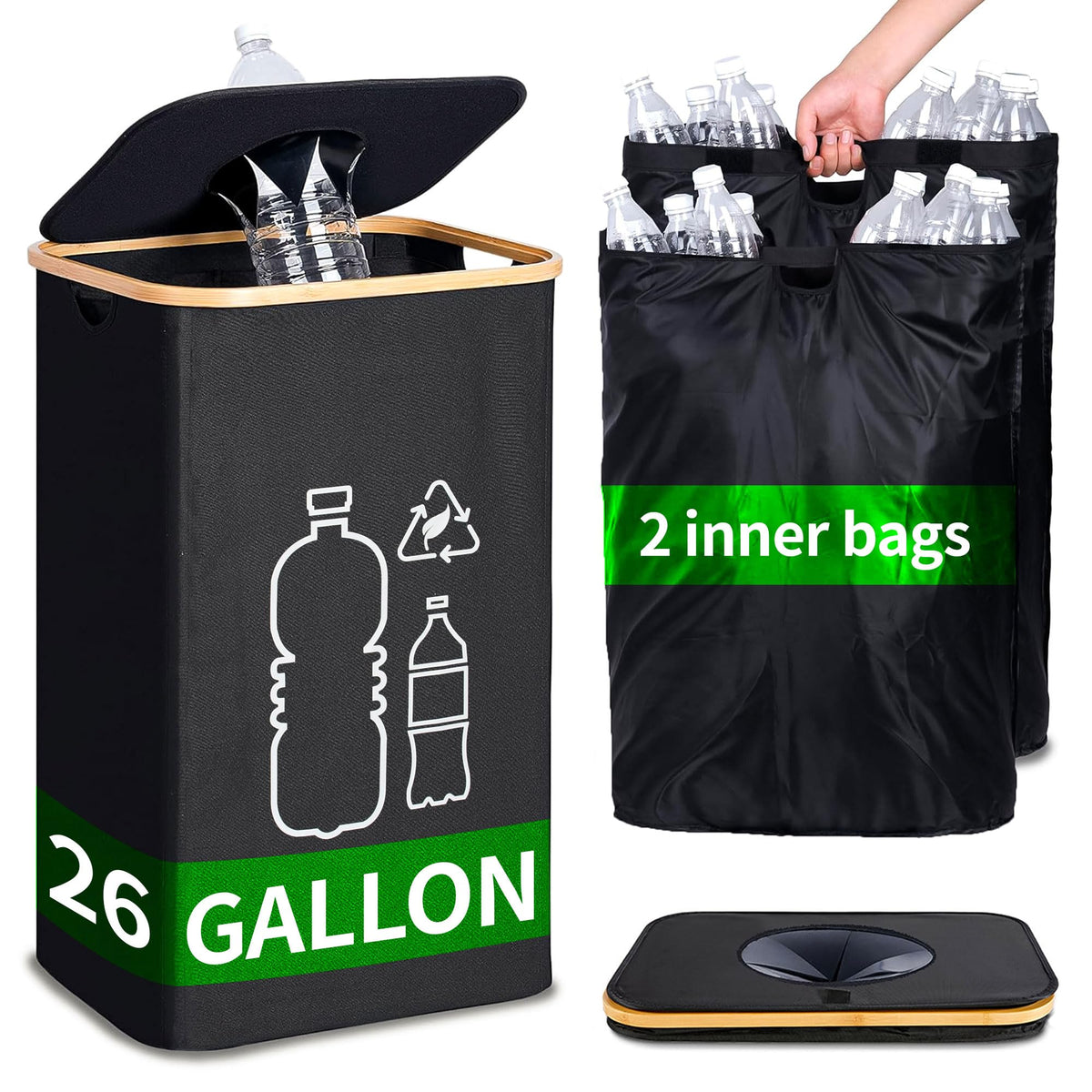 EGGUITAR 100L Large-Capacity Recycling Bin with Removable Bag–Ideal for Sorting and Storing Bottles and Glass Waste. Sturdy, Durable, and Perfect for Efficient Recycling Management.
