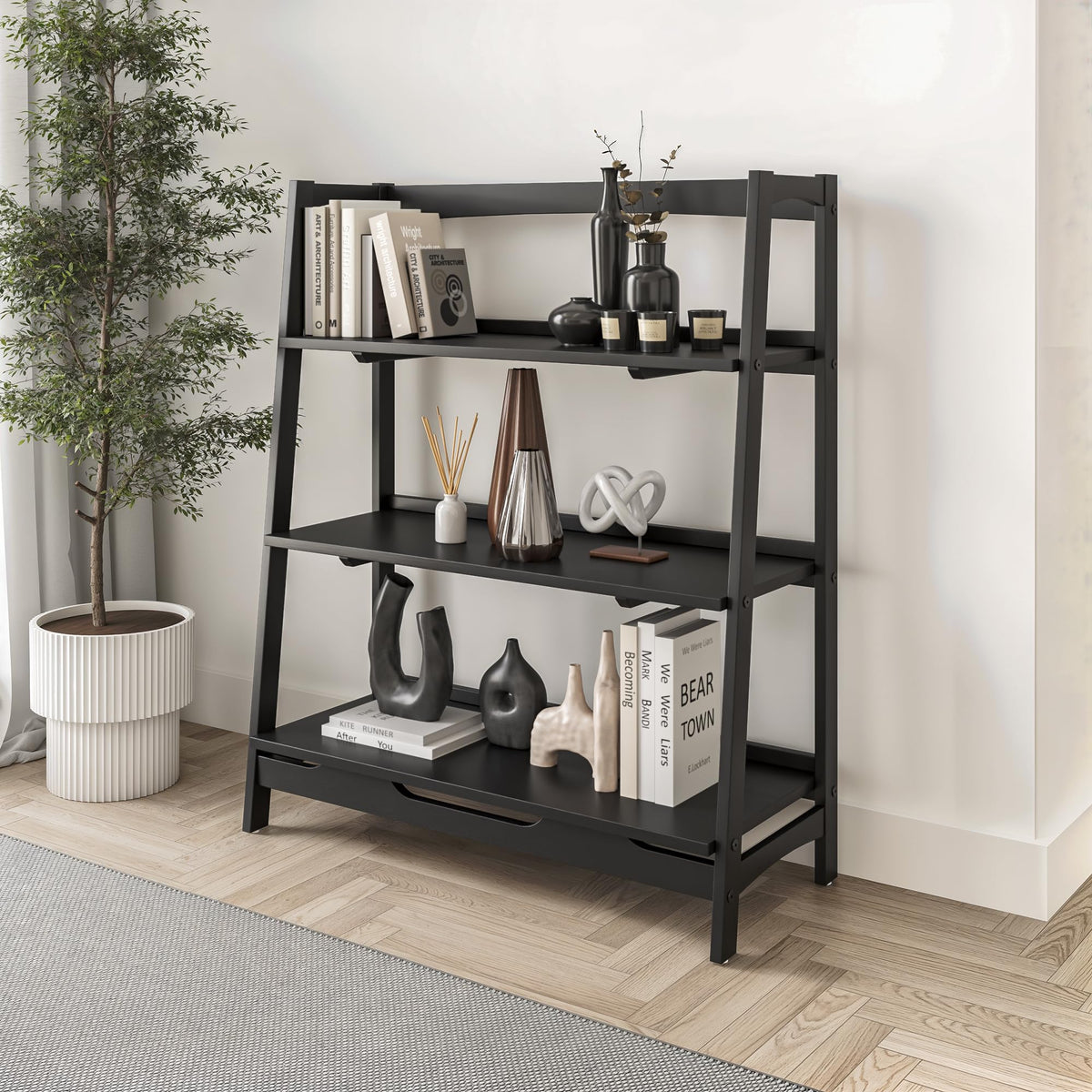 Camaflexi Mid Century Solid Wood Open Shelving Unit - Black Finish