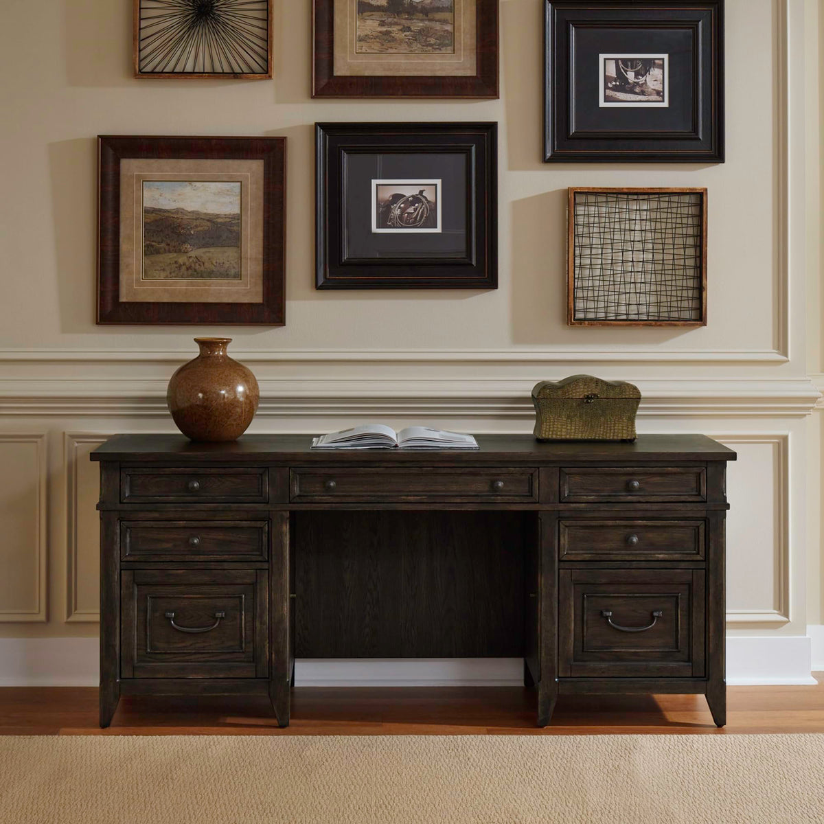 Liberty Furniture Paradise Valley Executive Credenza Desk with Locking File Drawers Traditional Home Office - Saddle Brown Oak Wood