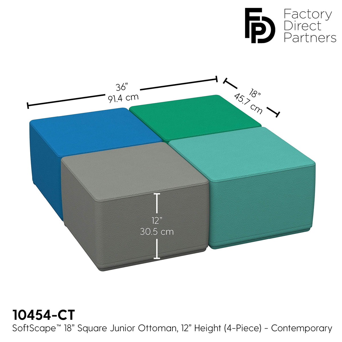 FDP SoftScape 18" Square Ottoman, Collaborative Flexible Seating for Kids, Teens, Adults, Furniture for Classrooms, Offices and In-Home Learning, Junior 12" H, (4-Piece Set) - Contemporary
