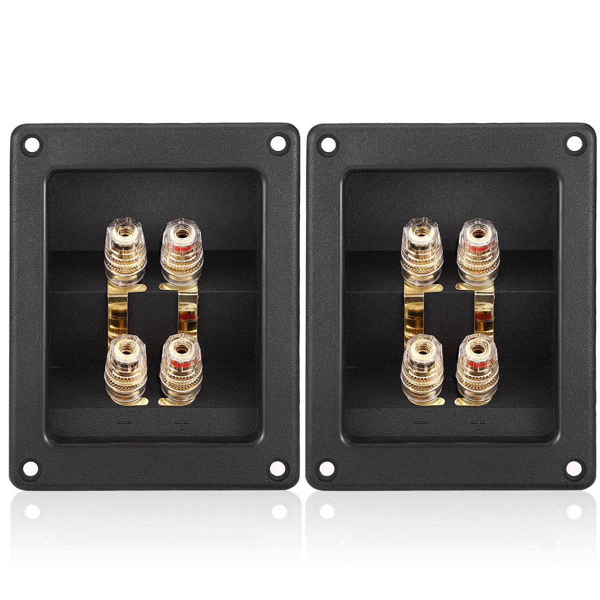 Facmogu 2PCS Rectangle 4-Way Speaker Terminal Box, Gold-Plated Binding Post Terminal Cable Connector for DIY Applications, Terminal Cups with 2 Pairs Banana Plug Socket Connector & 4PCS Screws