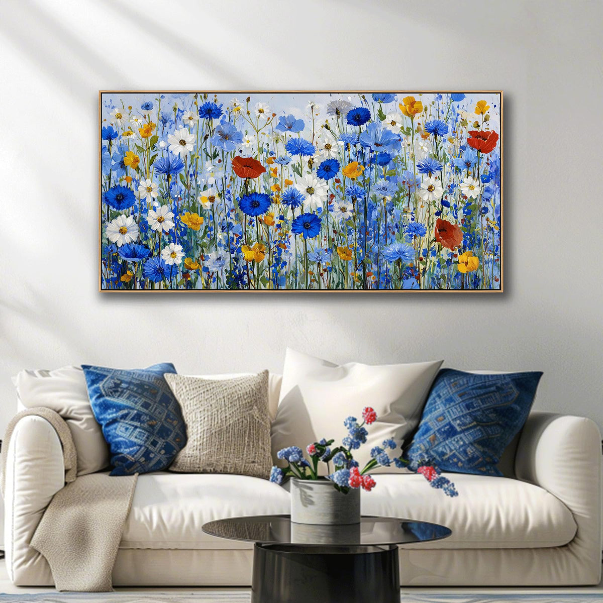 KZKU Blue Floral Wall Art Wildflower Canvas Print Frame Ready to Hang Vibrant Flowers Artwork Botanical for Living Room Bedroom Office Hallway & Bathroom Decor 20x40inch