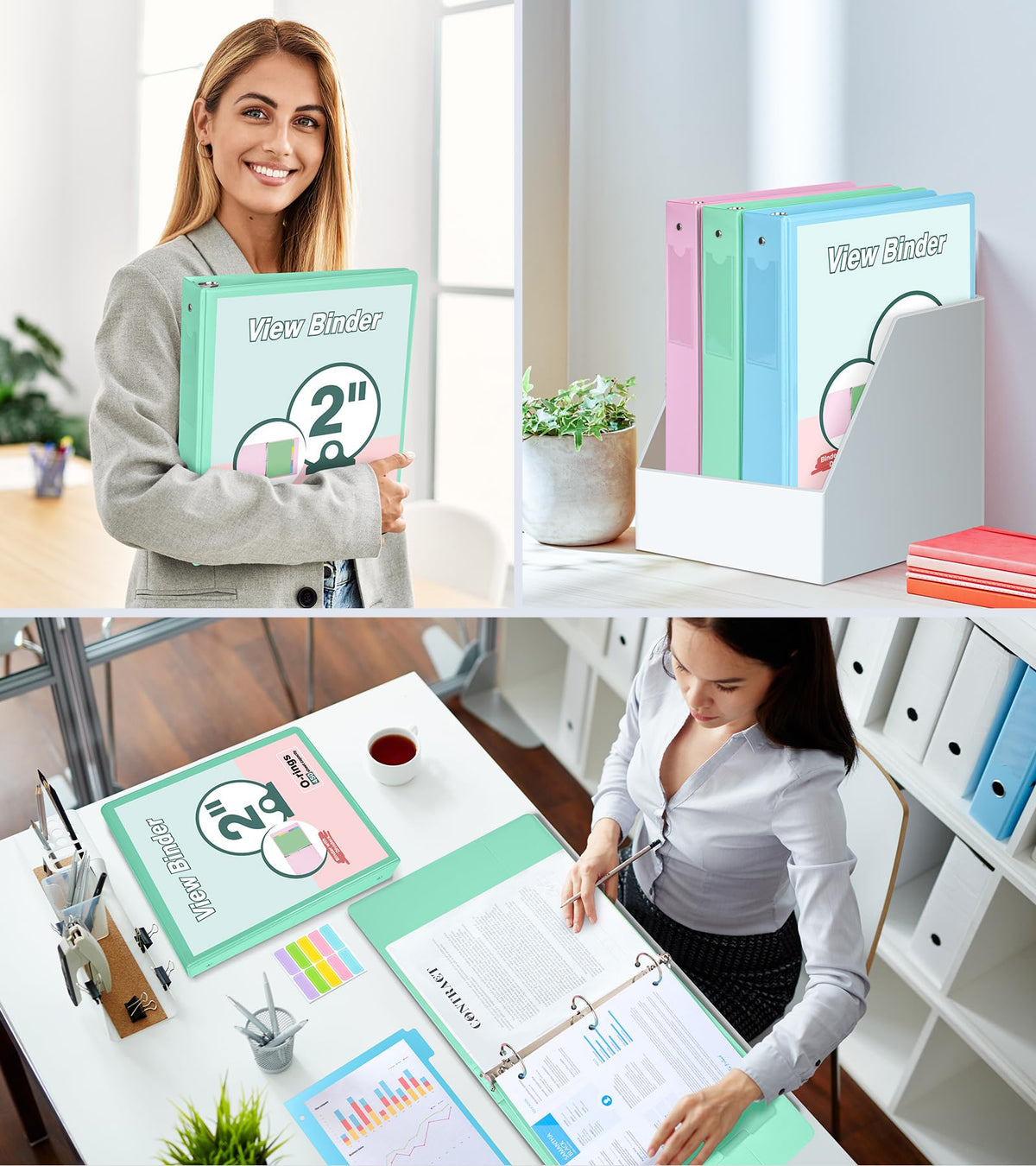 3 Ring Binder 2 inch，Cute Binder Organizer with 5 Tab Dividers Fits 175 Sheets of 8.5x11 Paper, Customizable Clear Cover with Inside Pockets, Aesthetic 2" Three Ring Binders for School Office，Green