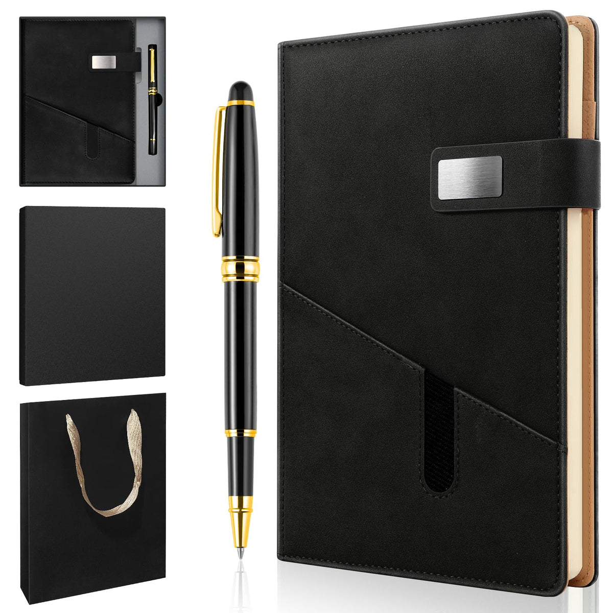 A5 Lined Leather Notebook and Pen Set with Gift Box, 240 Pages Refillable Journal with Pocket and Magnetic Buckle, Hardcover Daily Diary for Men and Women Business Travel Personal Writing- Black