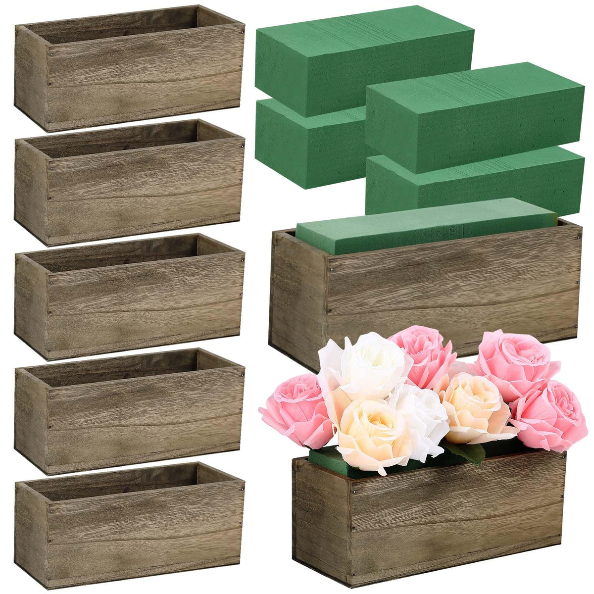 Havawish 10 Sets 10 x 4 x 4 in Wood Rectangular Planter Boxes Bulk Wood Flower Box Centerpiece Vases with Floral Foam Blocks Rustic Flower Pot Indoor Window for Wedding Arrangement