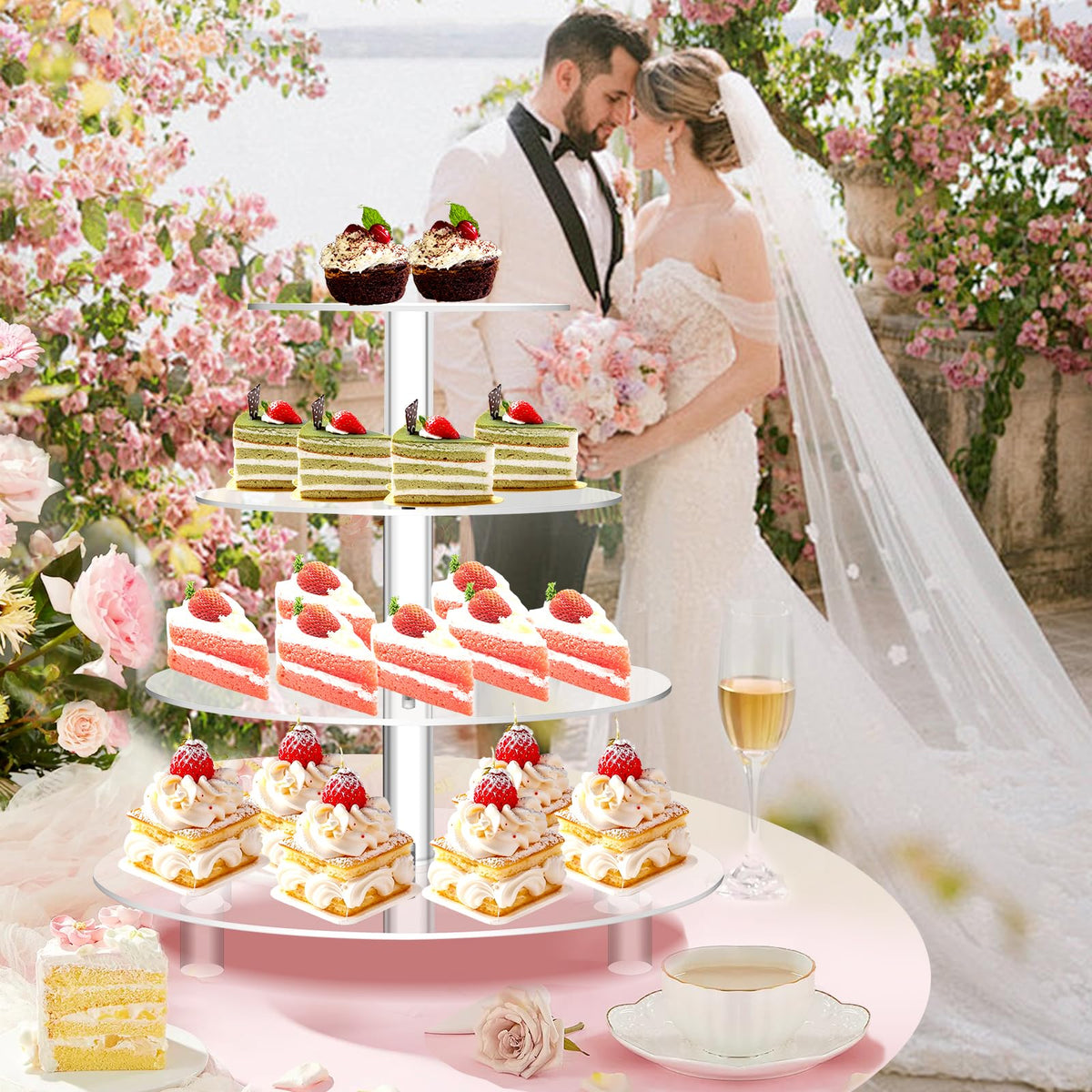 Jusalpha Large 4 Tier Cupcake Stand,Acrylic Round Cake Stand Dessert Tower Tea Party Serving Platter, Cupcake Tree Wedding Party Décor, Stand with Rod Feet (4RF)
