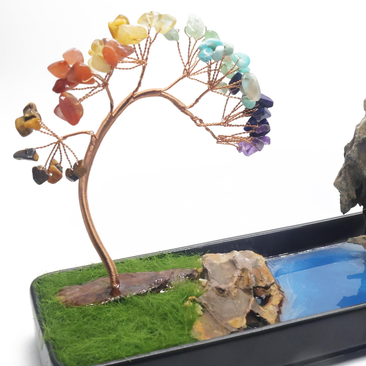 Lavoio Chakra Backflow Incense Burner – Handmade Natural Stone Waterfall Fountain with 7 Chakra Crystals – Aromatherapy Decor for Meditation, Yoga & Home Ambience (chakra tree)