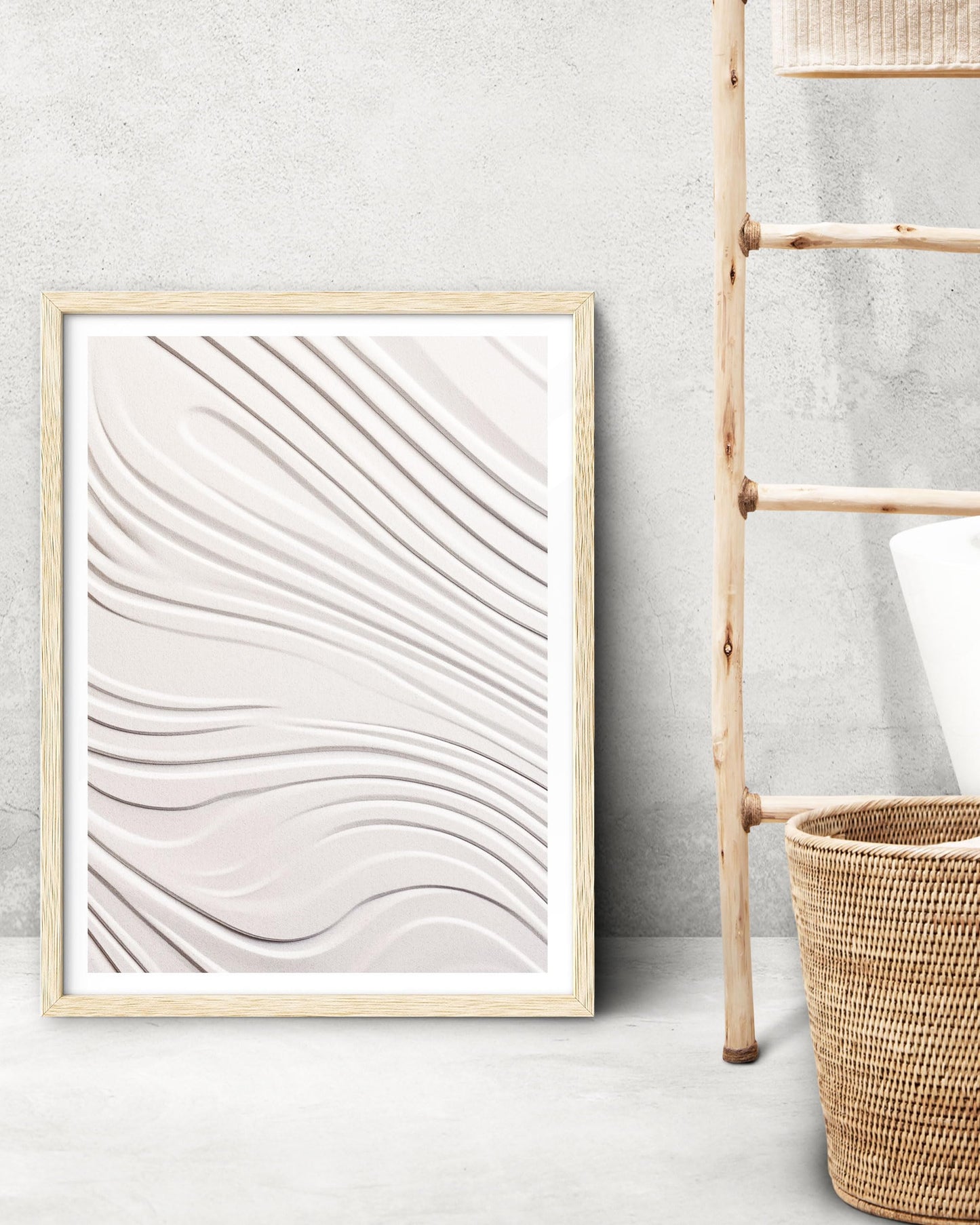EcoHest Abstract Zen 3D Illusion Wall Art, 12x16in OAK Wood Framed Minimalist Flat Canvas with Soft Lines Design, Modern Japandi Style Decor for Bedroom, Living Room, 1 Pack