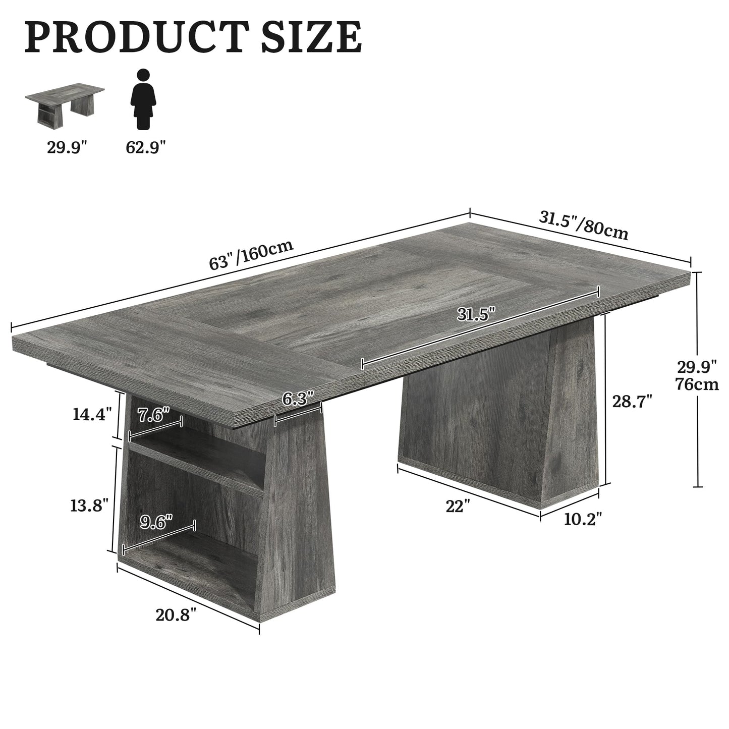 YITAHOME 63" Executive Desk, Large Office Desk Computer Desk with Double Pedestal and Storage Shelves, Wood Simple Workstations Writing Table Conference Table Business Furniture for Home Office, Grey