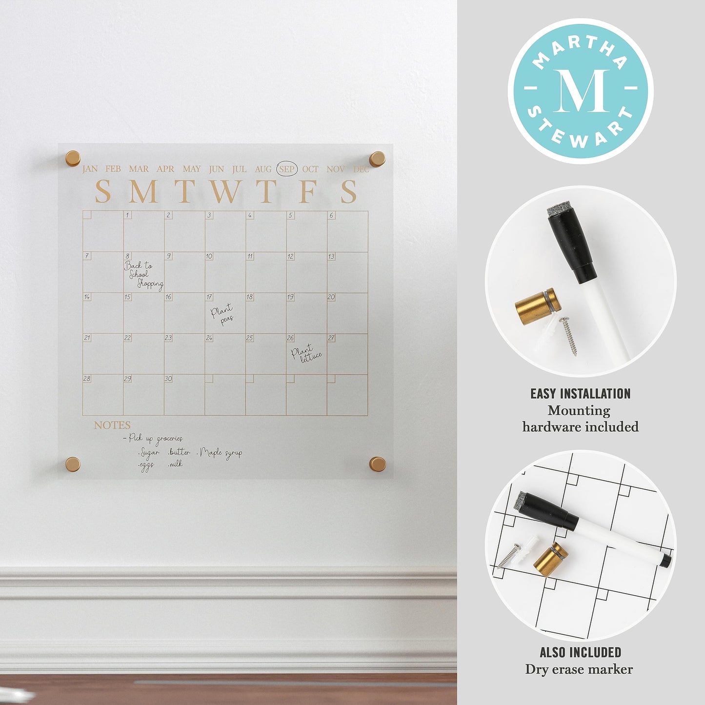 Martha Stewart Grayson Acrylic Dry Erase Wall Calendar with Dry Erase Marker, 14" Square, Clear with Gold Print