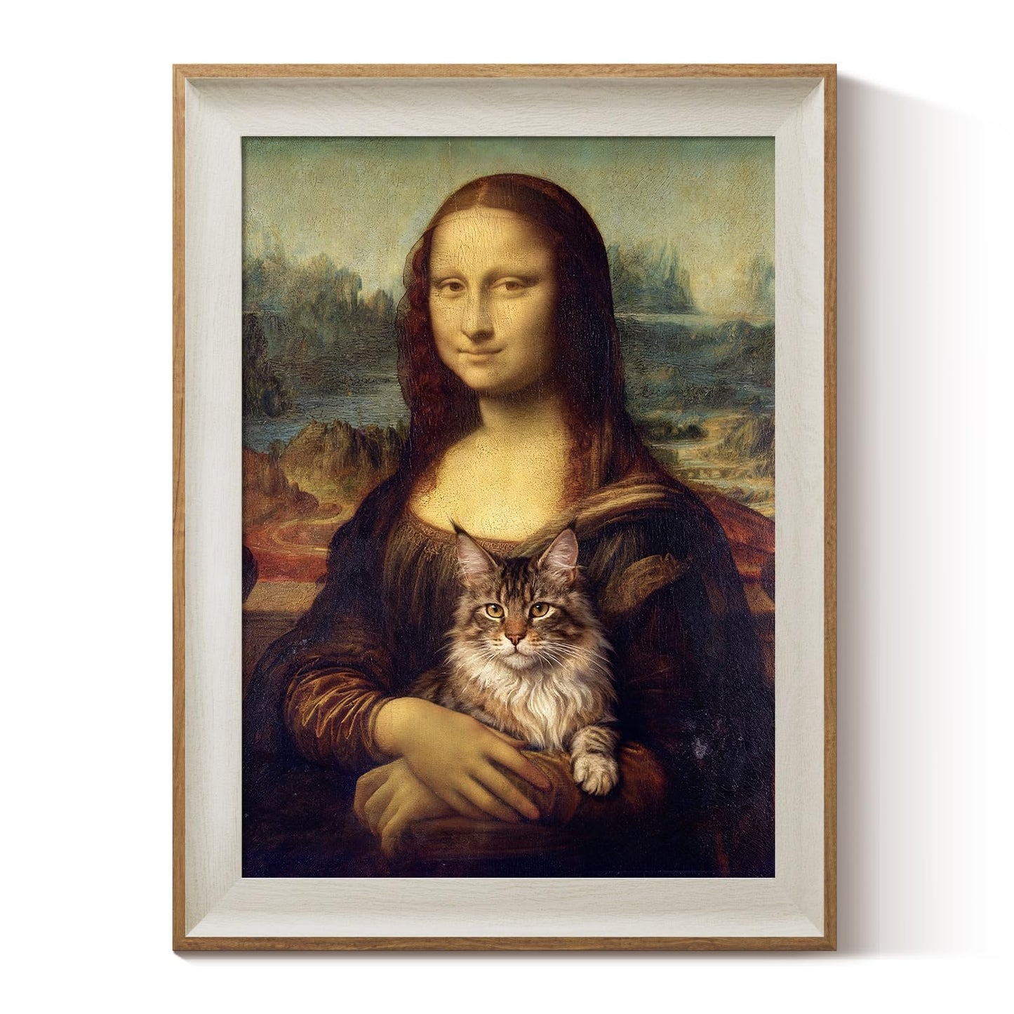ARPEOTCY Framed Canvas Wall Art, 12x16 Mona Lisa-Inspired Portrait with Cat, Humorous Classical Style Wall Decor for Office Living Room Bathroom