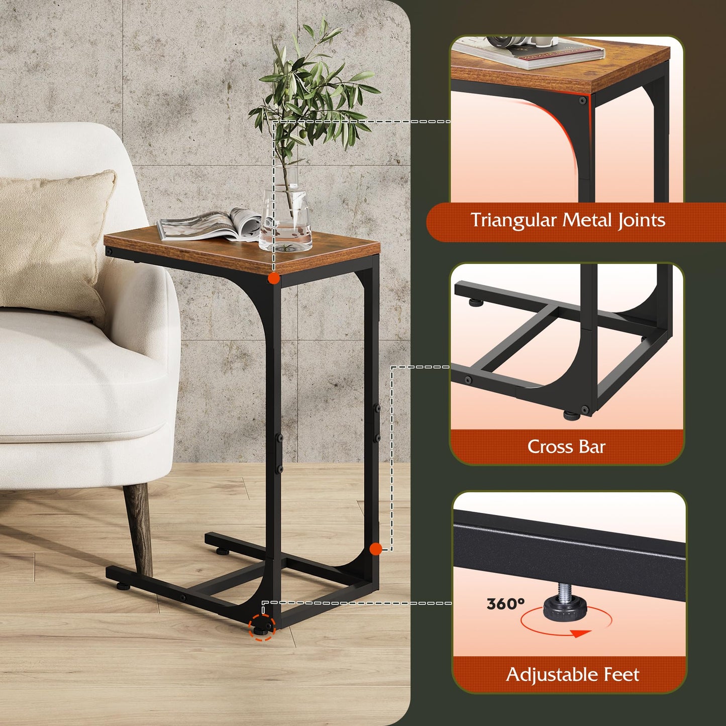 WLIVE C Shaped End Table, Small Couch Side Tables with Metal Frame that Slide Under, Sofa Table TV Tray for Living Room, Bedroom, Rustic Brown