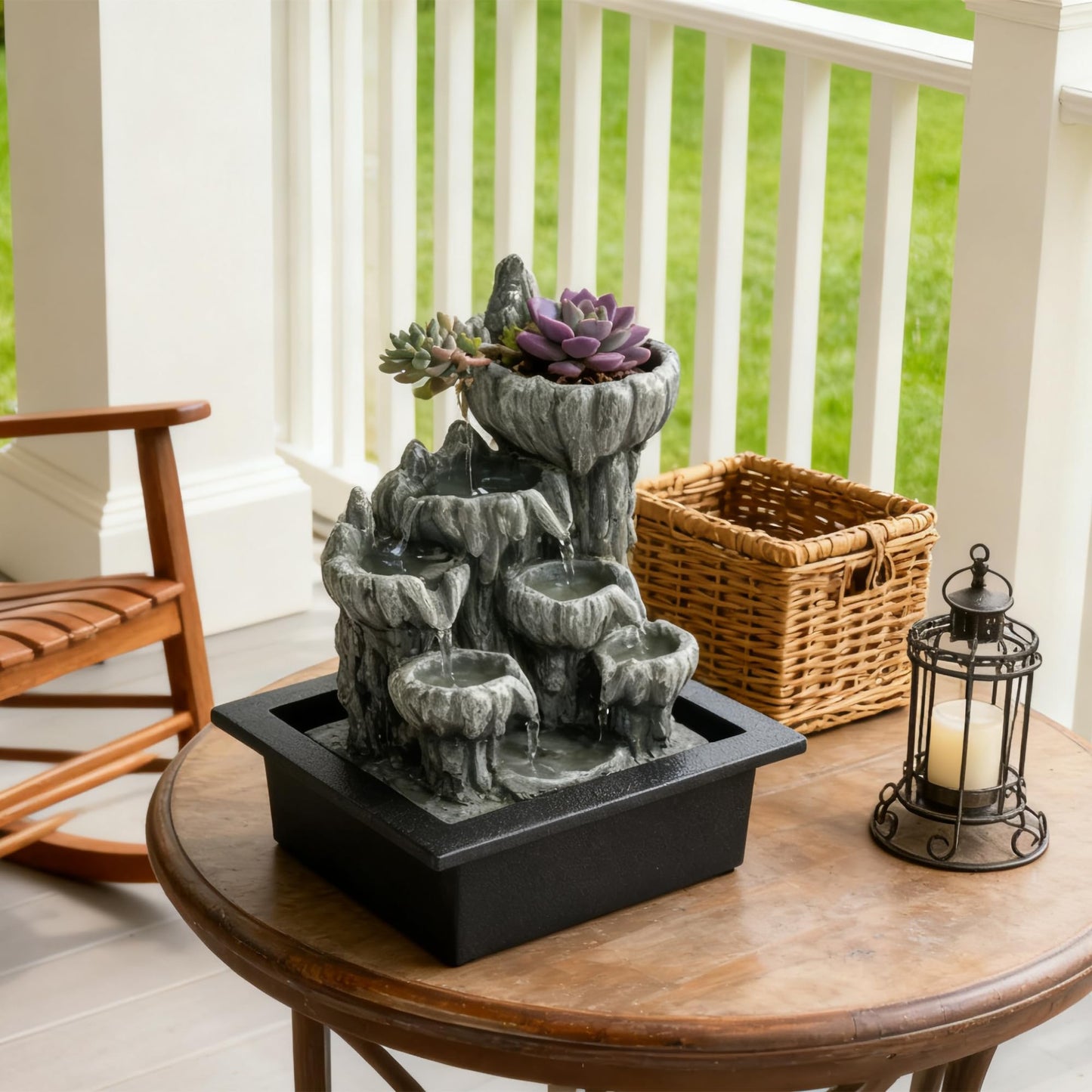 BIASUNS Indoor Cave Rock Waterfall Fountain with Warm Light,Tabletop Fountain with Planter Niche, Zen Water Feature for Home Office Desk Decor